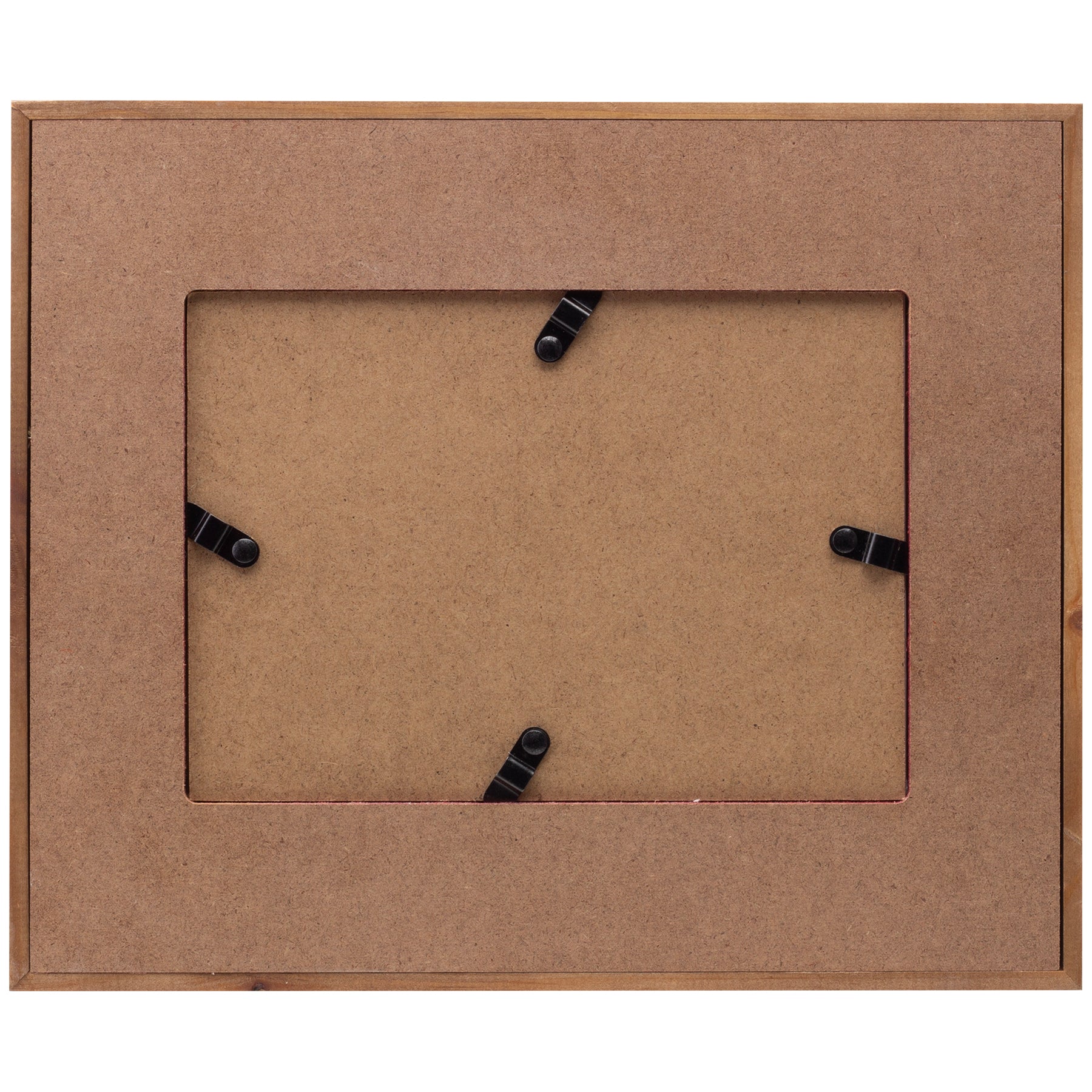 The back side of a wooden frame showing 4 twisting tabs.