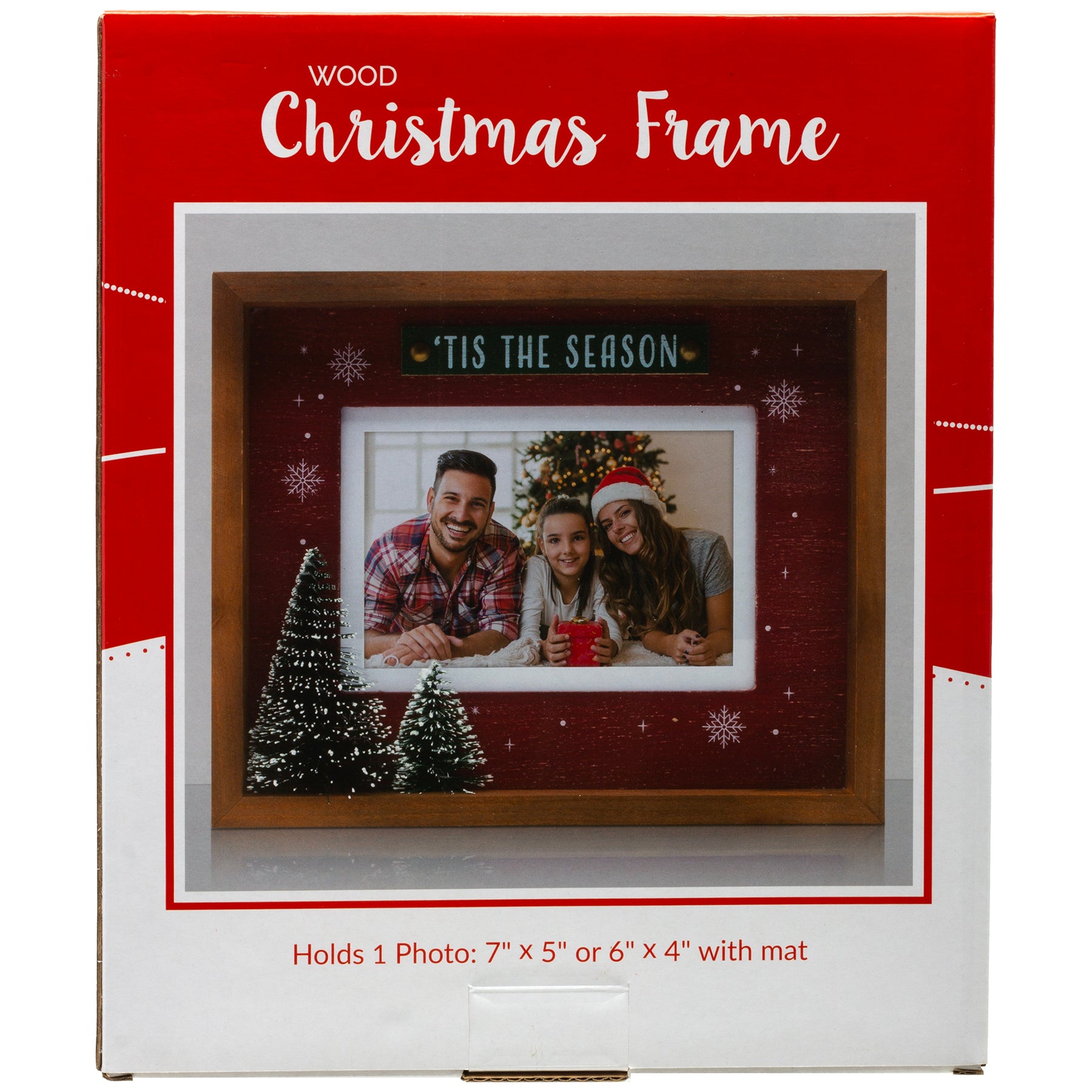 A wooden picture frame with a red background featuring white snowflakes and the text 'Tis the Season'. The frame contains a photo of a family and has two 3D Christmas trees at the bottom, and is packaged in a full-color gift box.