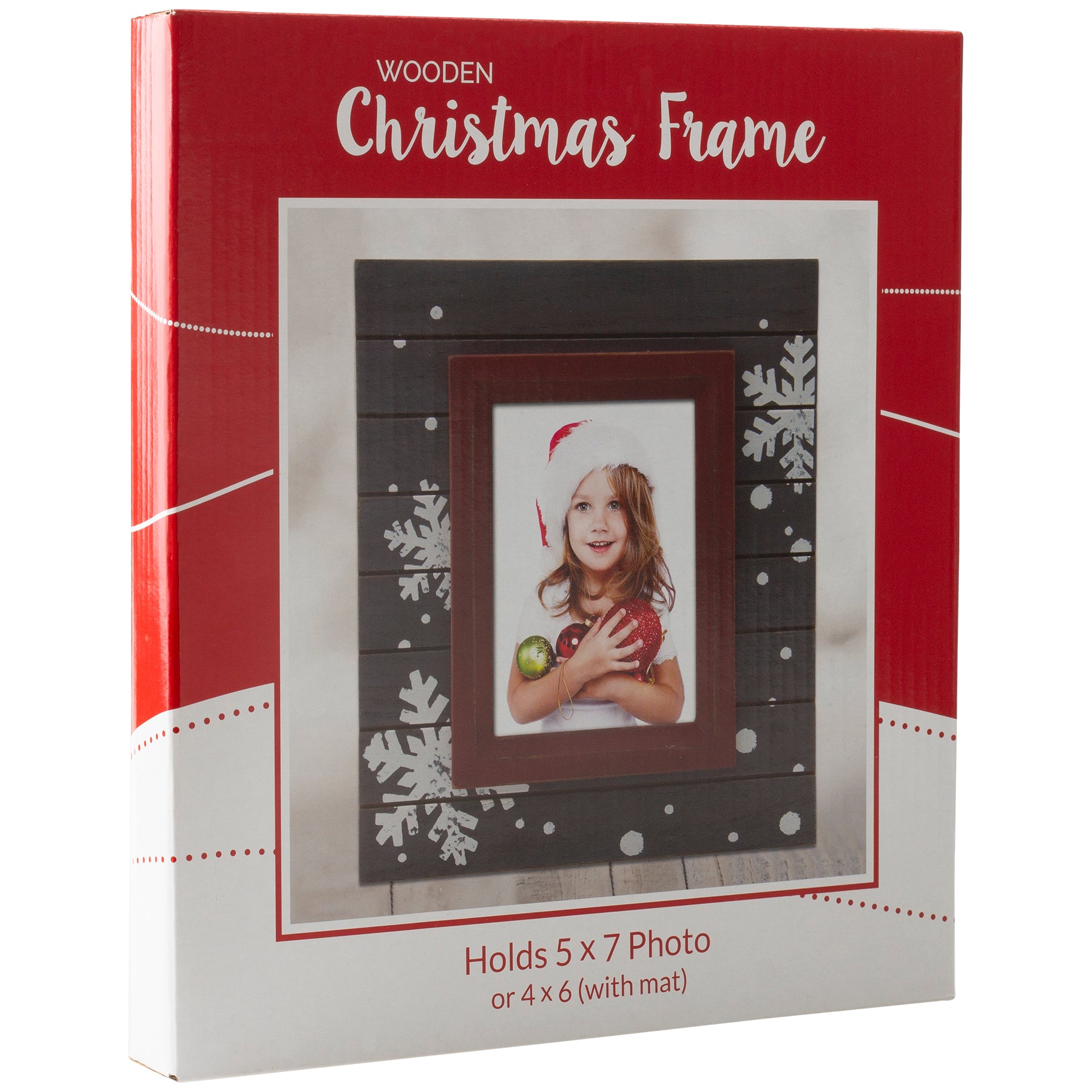 A rectangular brown wood picture frame with a rustic finish. The frame is adorned with white snowflake designs on the brown section. This picture frame is shown in a full-color gift box.
