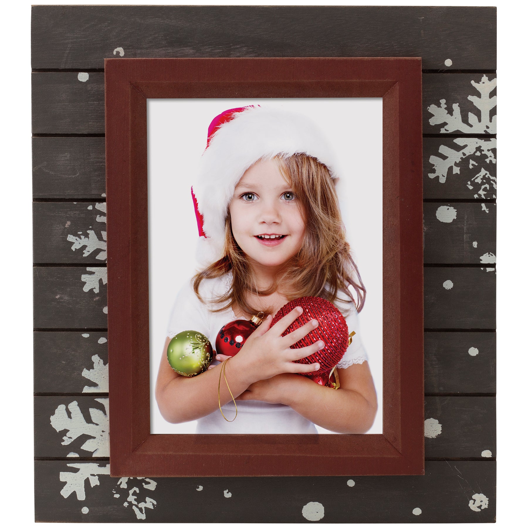 A rectangular brown wood picture frame with a rustic finish, featuring a child in a Santa hat holding holiday ornaments. The frame is adorned with white snowflake designs on the brown section.