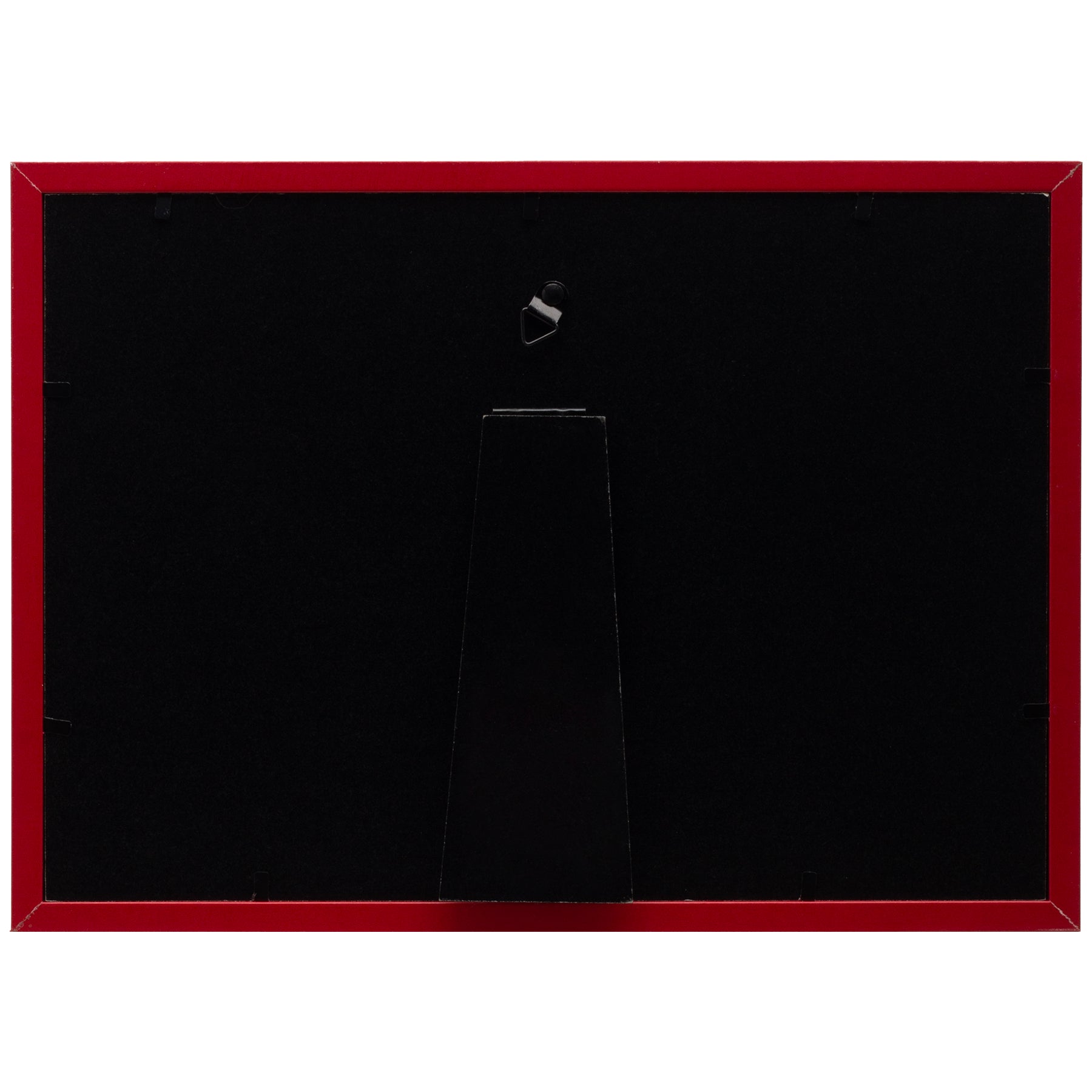 Photo showing the back of a picture frame with a black easel for tabletop display, and a triangle hook to hang on the wall.