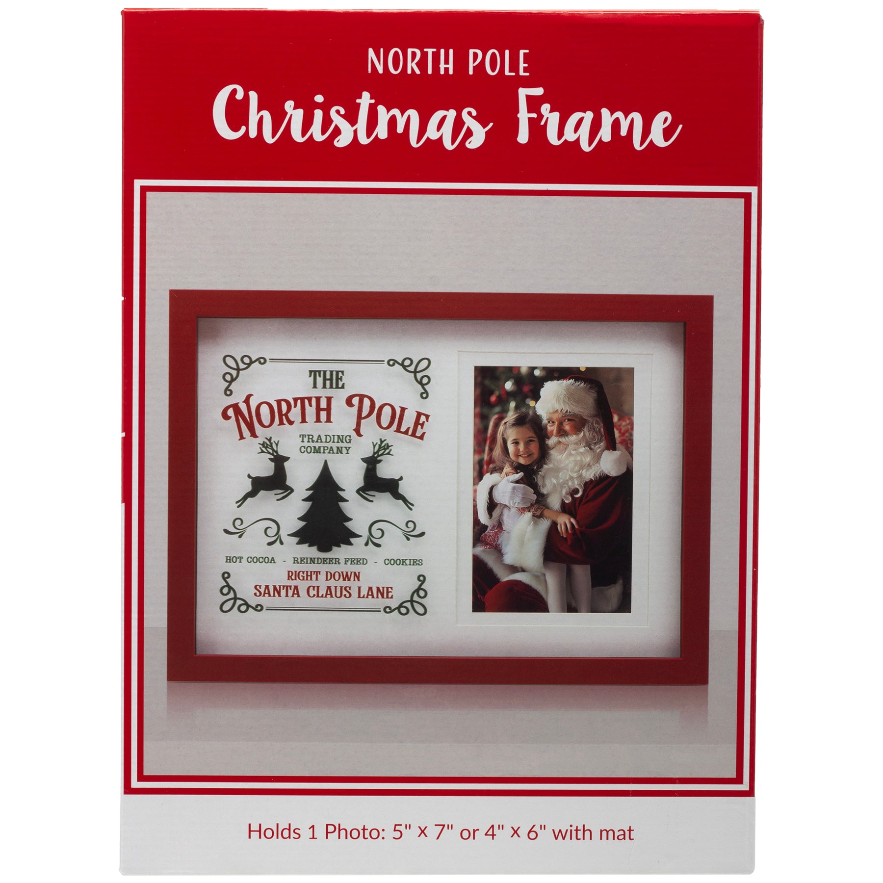 A photo of a wooden Christmas holiday picture frame in a full-color gift box.