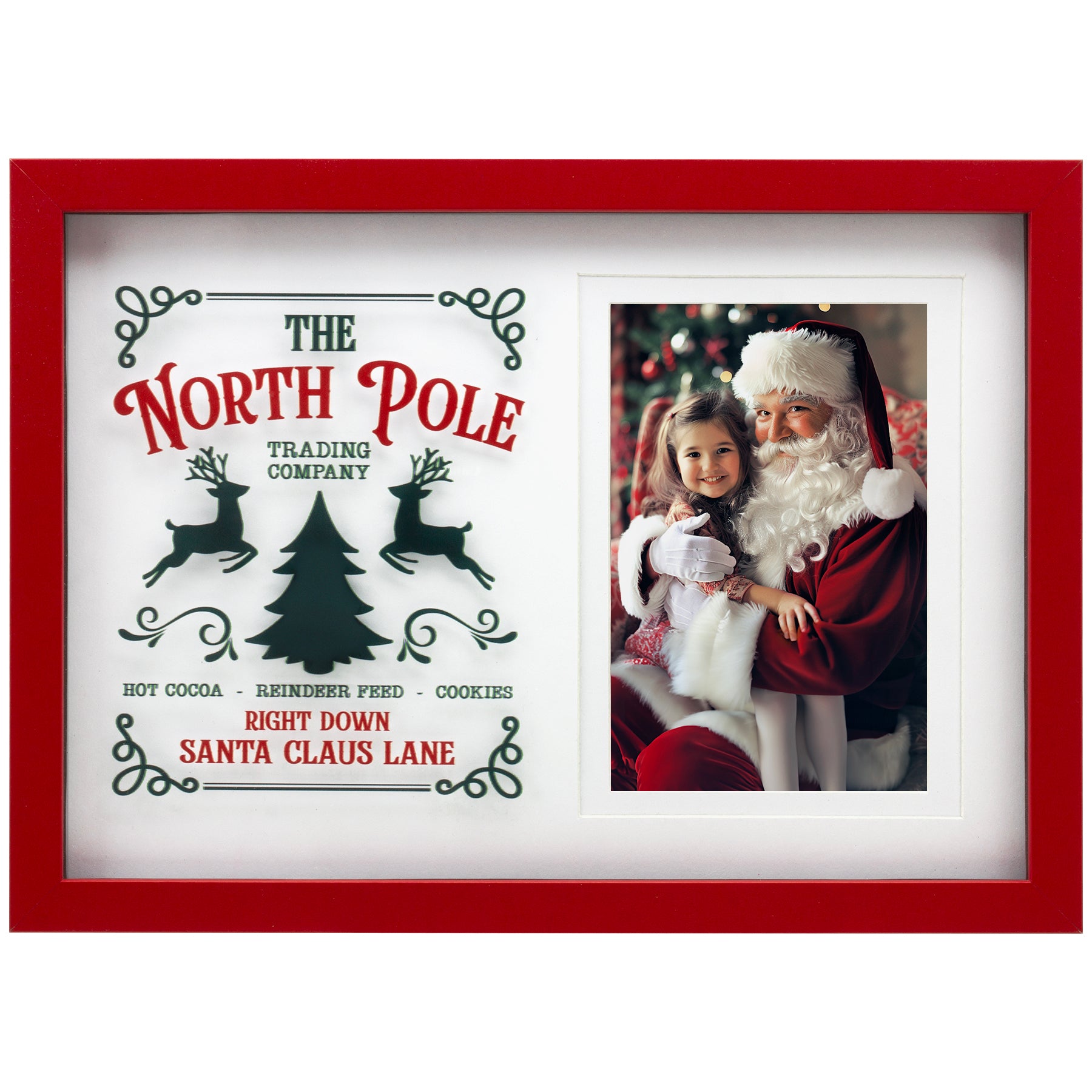 A wooden picture frame with a red border, featuring a photo of a young girl and Santa Claus, and text that reads 'The North Pole Trading Company, Hot Cocoa, Reindeer Food, Cookies, Santa Claus Lane'.