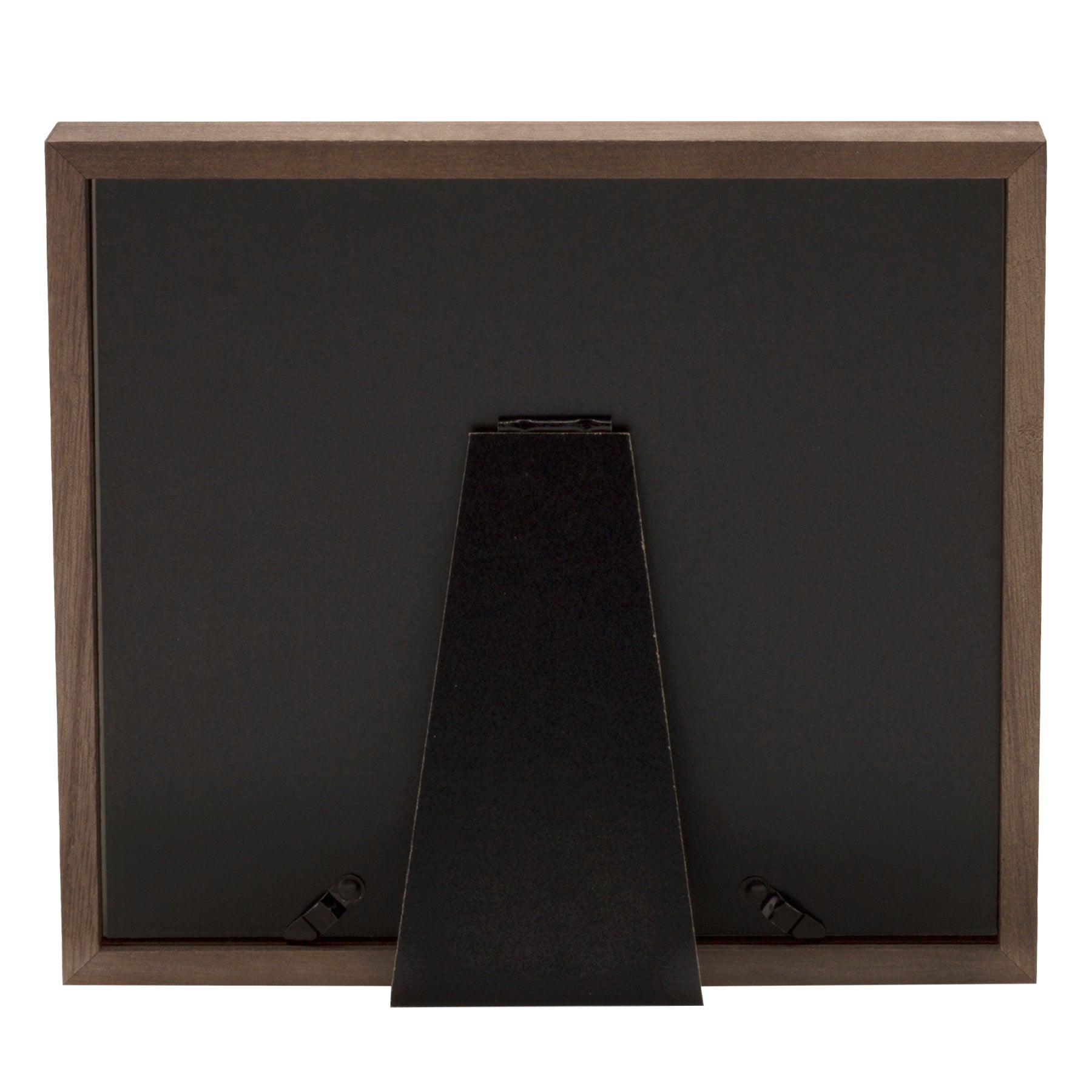 The back side of a holiday-themed picture frame featuring a black easel for tabletop display.