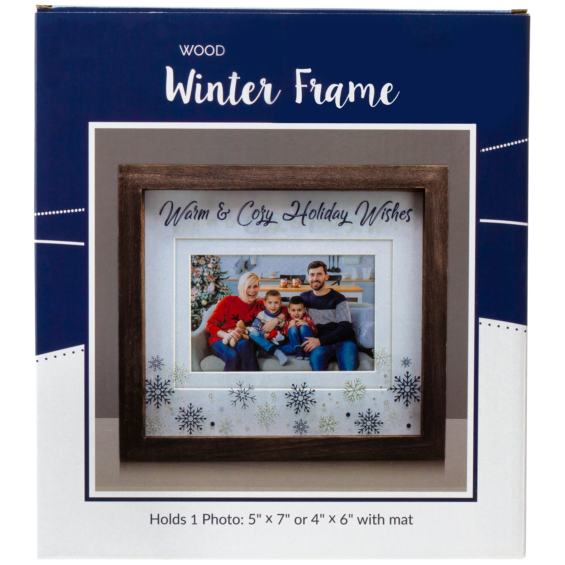 A holiday-themed picture frame with a brown border and white inner border packaged in a full-color gift box.