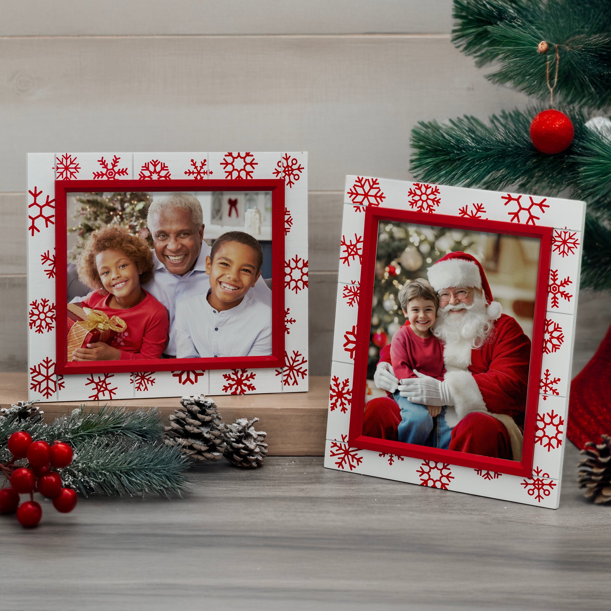 A red and white wooden picture frame with a shiplap design and red snowflake decorations shown in vertical and horizontal orientations on a festive back drop.