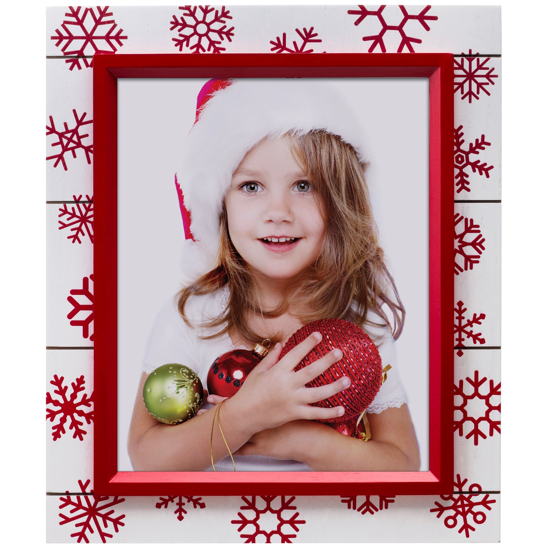 A red and white wooden picture frame with a shiplap design and red snowflake decorations, displaying a photo of a smiling child wearing a Santa hat.
