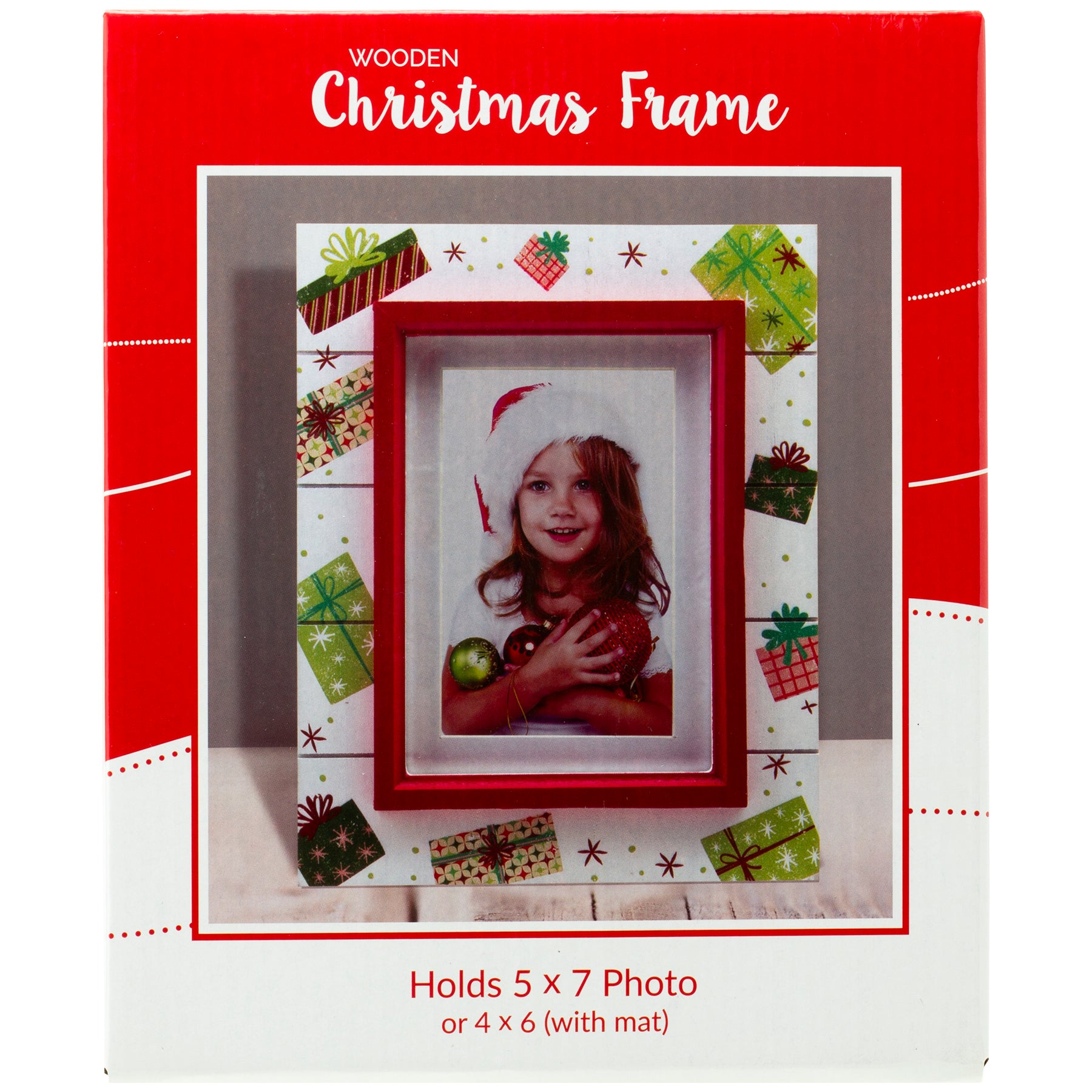 A wooden picture frame with a shiplap design and a rustic worn finish, featuring white as the base color with red trim, decorated with painted Christmas presents and gifts packaged in a full-color gift box.