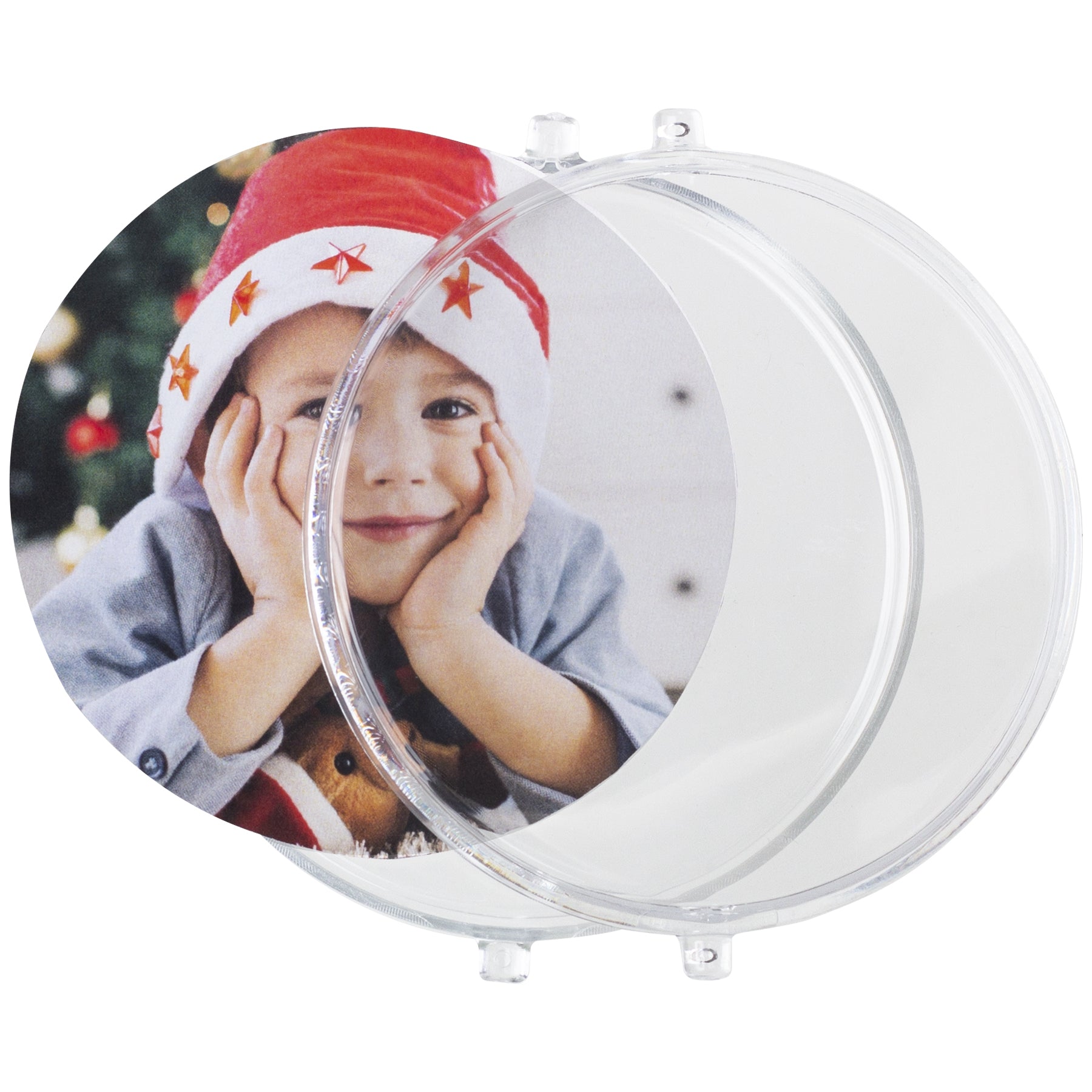 Two round plastic protectors showing how to insert a photo into the photo ornament.