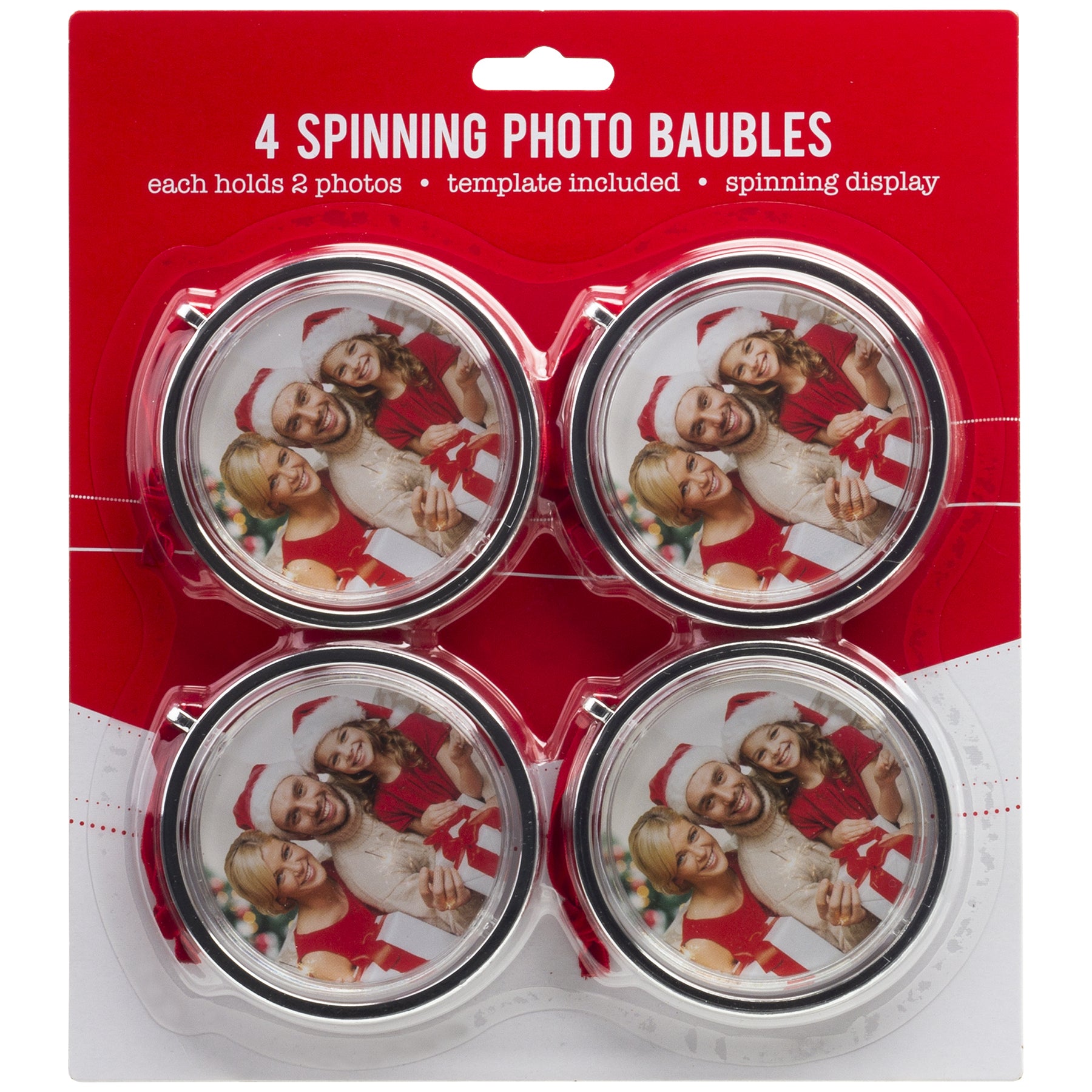 Four spinning photo ornaments in full-color retail packaging.