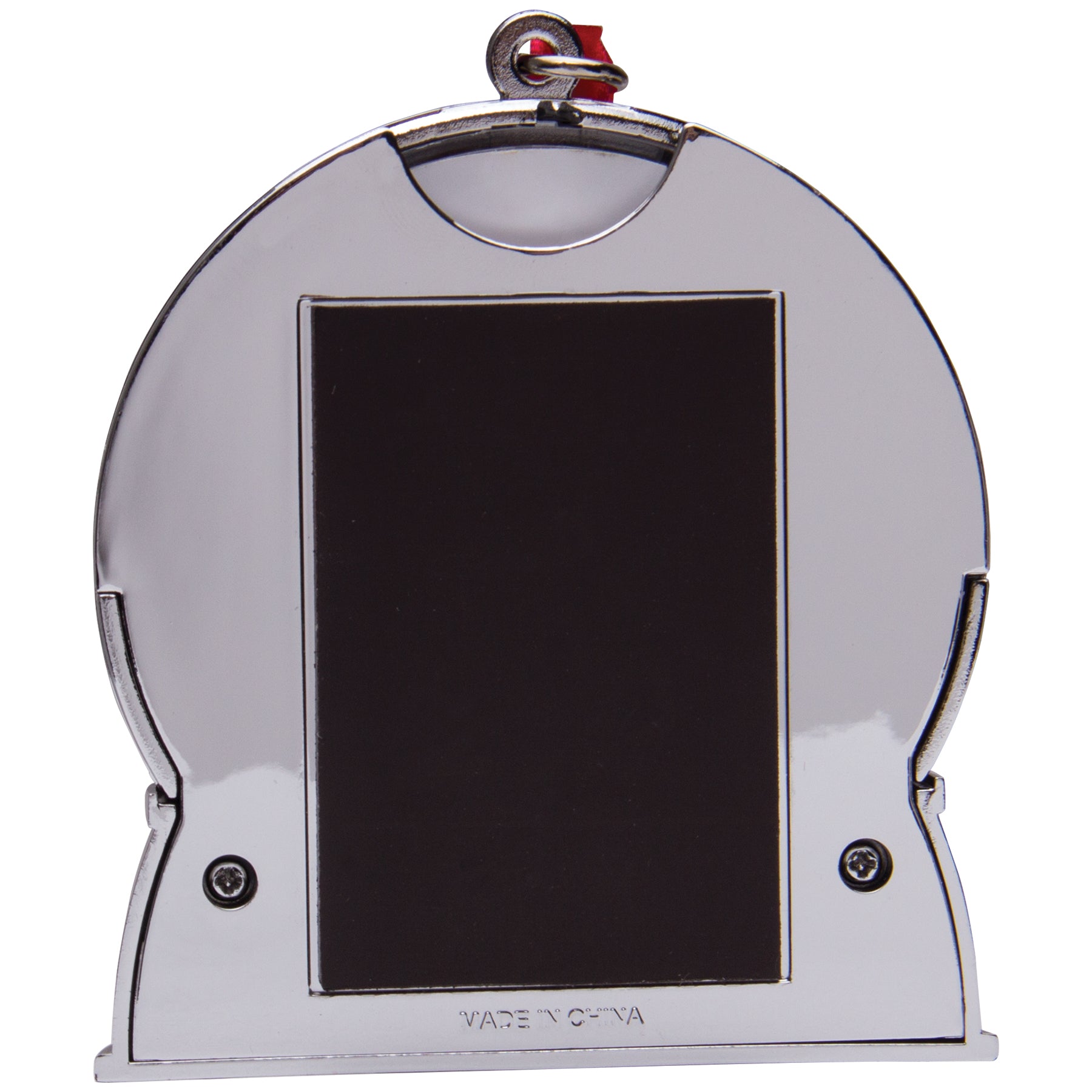The back side of a magnetic snow globe ornament with a silver base.