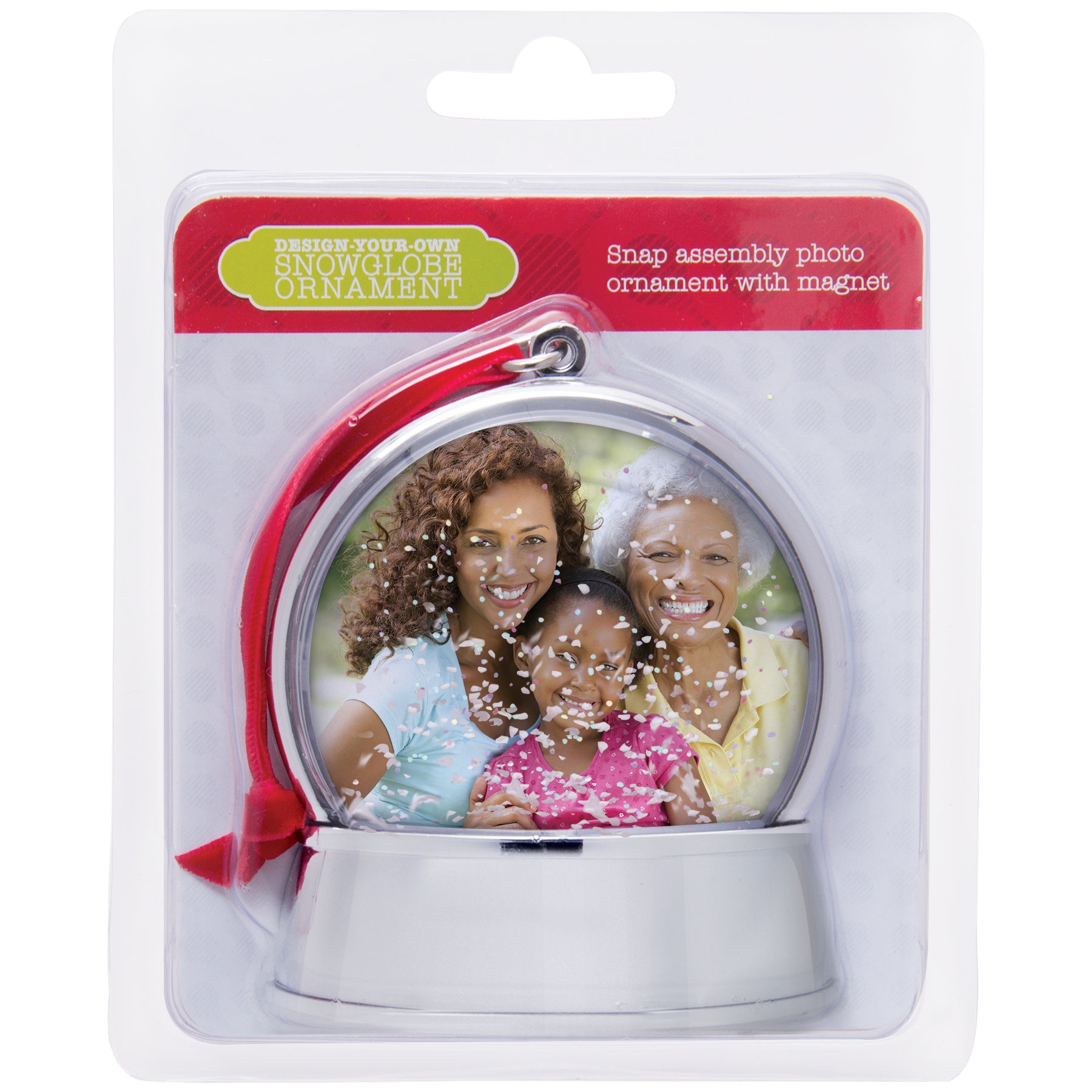 A magnetic snow globe ornament with a silver base and a curved photo in full-color retail packaging.