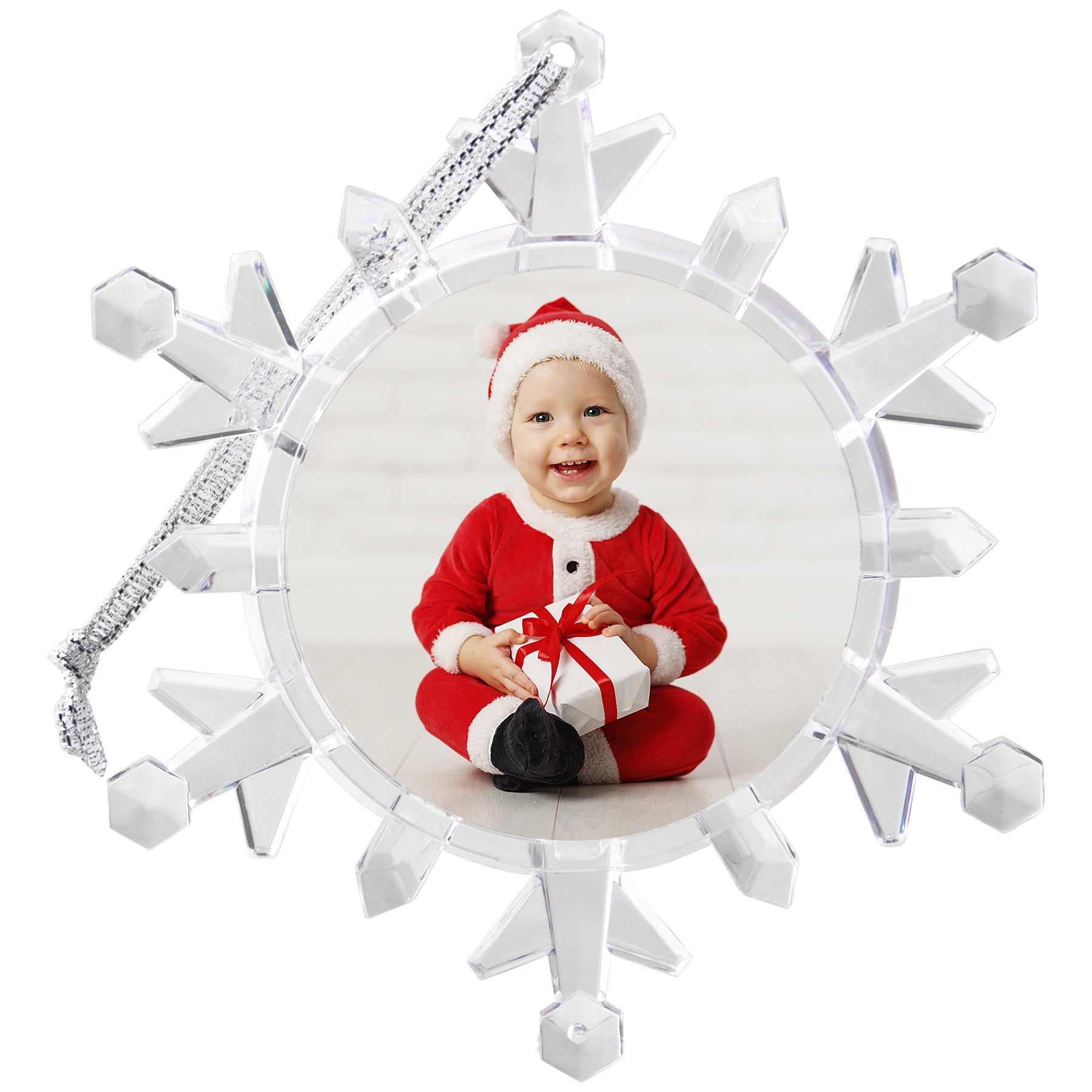 A clear plastic snowflake-shaped photo ornament with a beveled edge, displaying a photo of a smiling child in Santa attire in the center. The ornament is designed to hold a photo or embroidery design, and has red/green/blue LED lights.