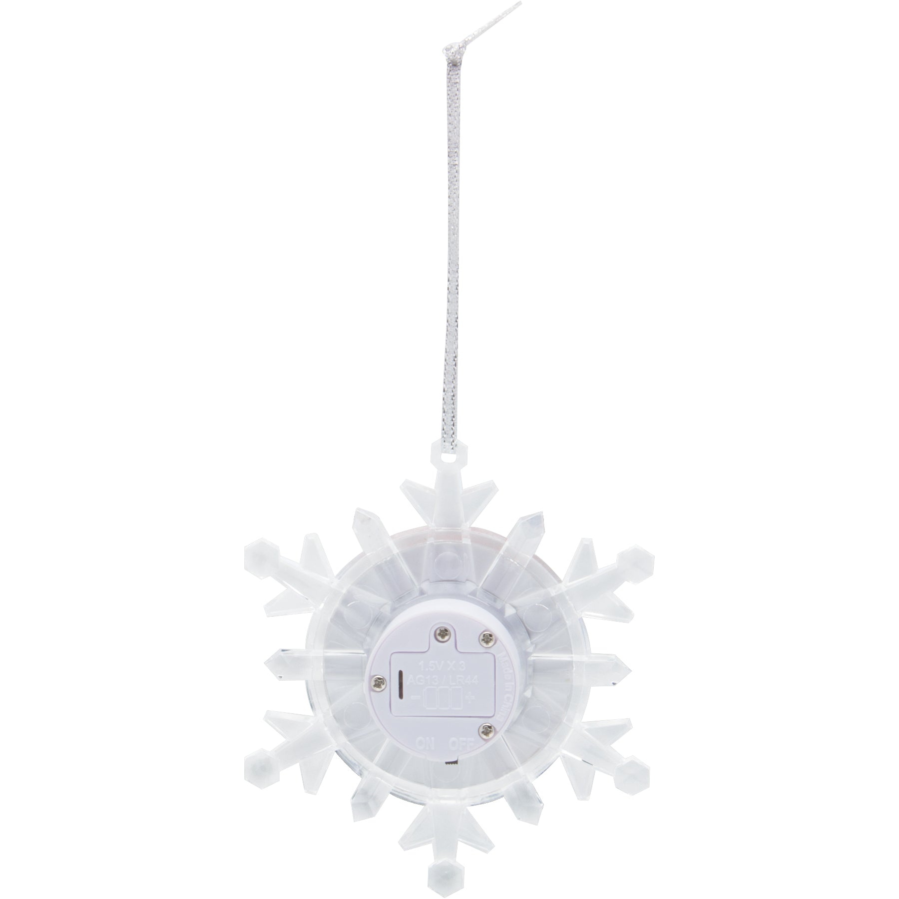 The back side of a clear plastic snowflake-shaped photo ornament with a beveled edge, showcasing the silver ribbon and the battery casing that operates the LED lights.