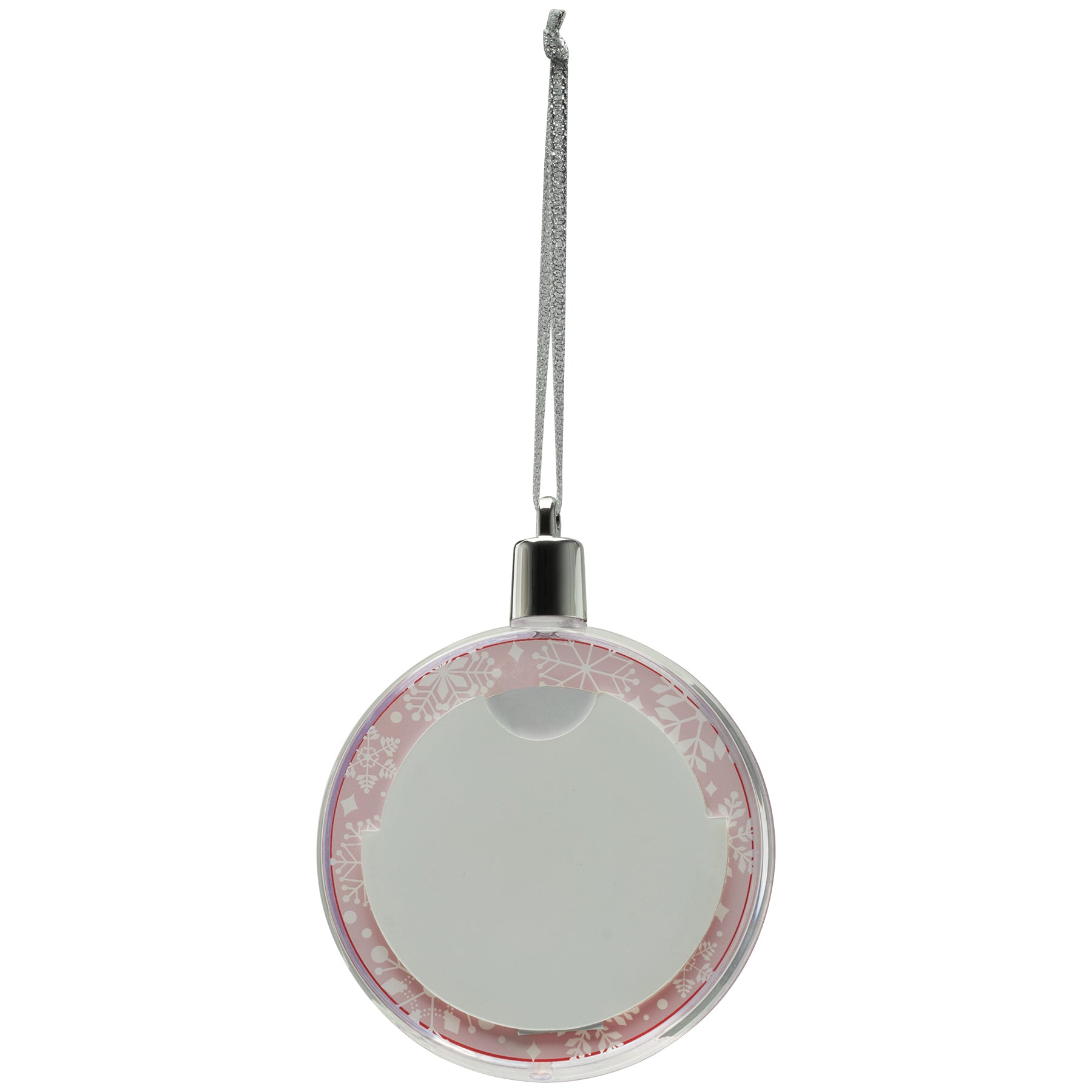 The back side of the round photo snow globe ornament hanging from a silver ribbon.