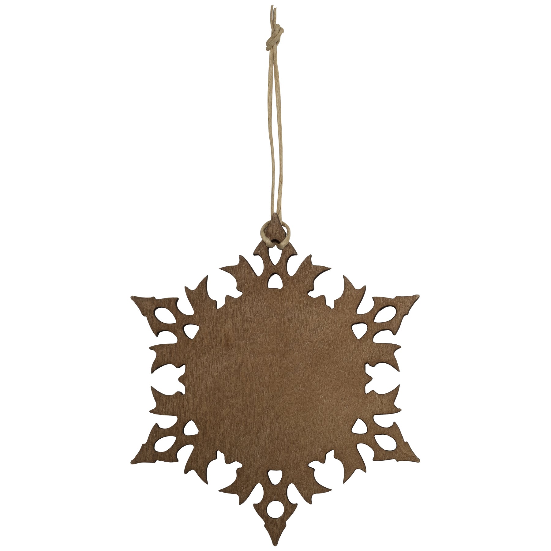 The back side of a wooden snowflake-shaped ornament.