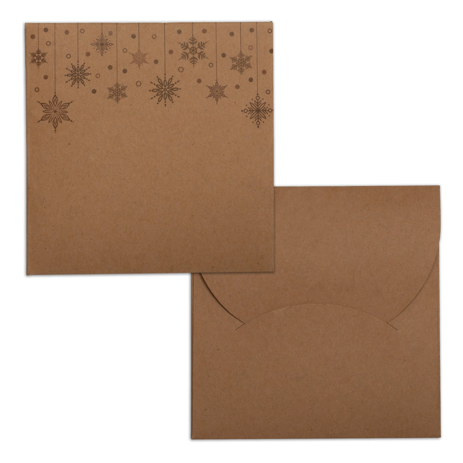 The front and back side of a kraft paper envelope that will hold one snowflake-shaped photo ornament.