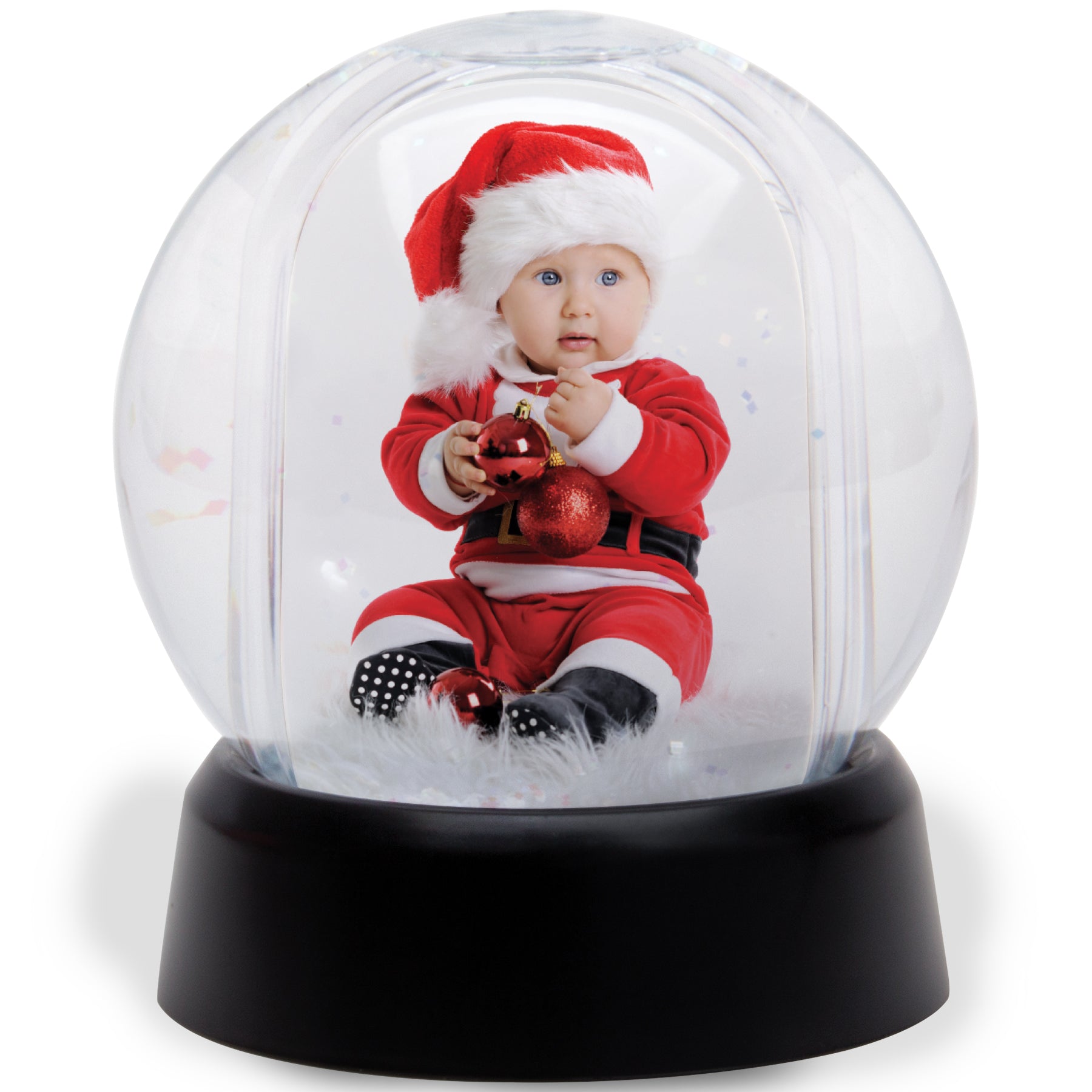 A photo snow globe with a clear globe and a black base displayed on a white background.