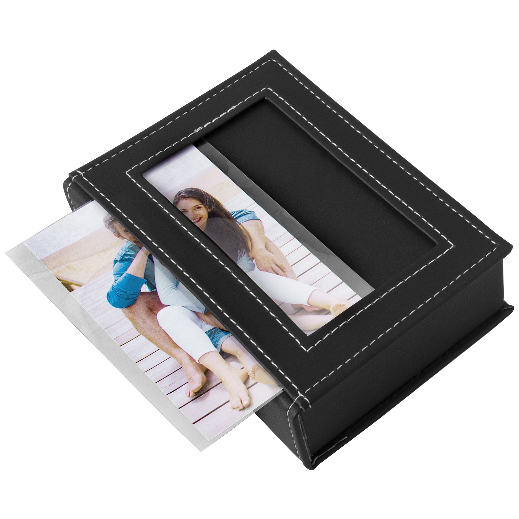 Black Leatherette w/ White Stitch Memory Photo Box