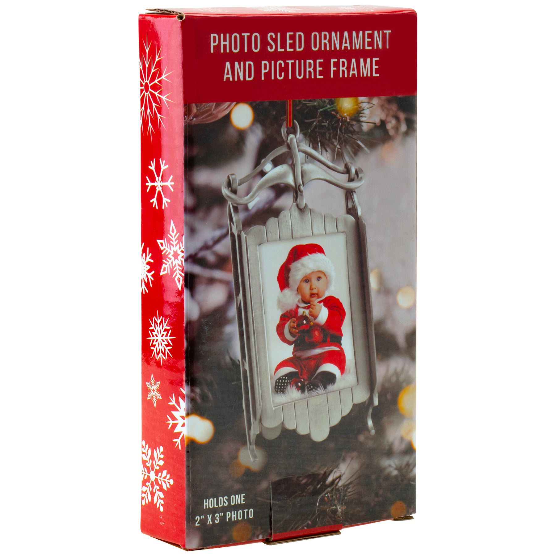 A pewter sled-shaped photo ornament and picture frame in full-color retail packaging on a white background.