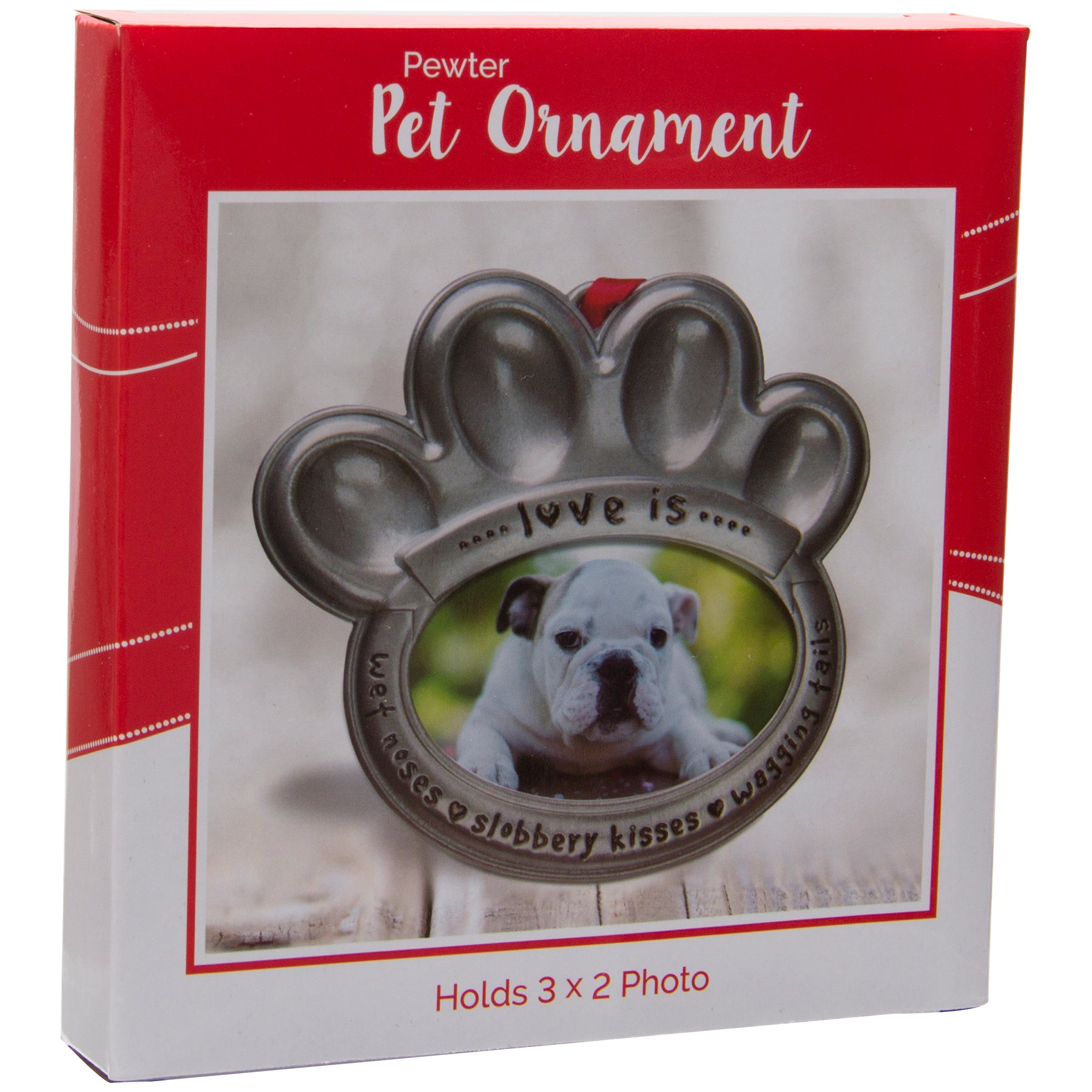 A pewter photo ornament in the shape of a paw print with the text 'love is wet noses, slobbery kisses, wagging tails" in full-color retail packaging.