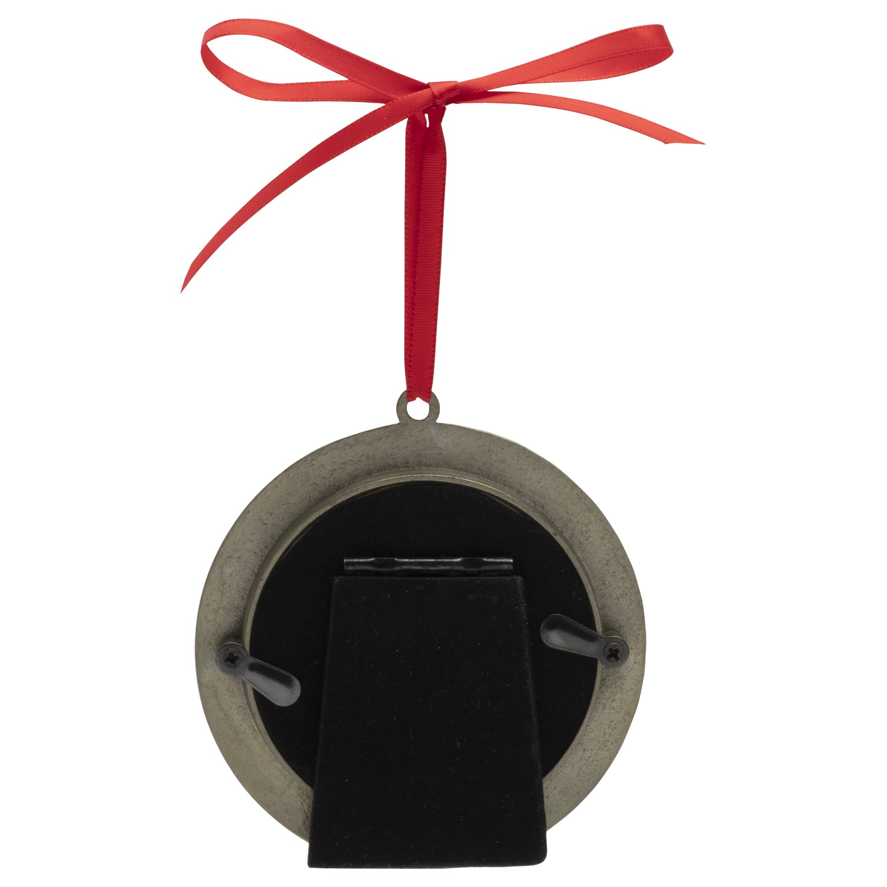The back side of a pewter photo ornament showcasing a black velvet easel for tabletop display, as well as a red velvet string to hang on a tree.