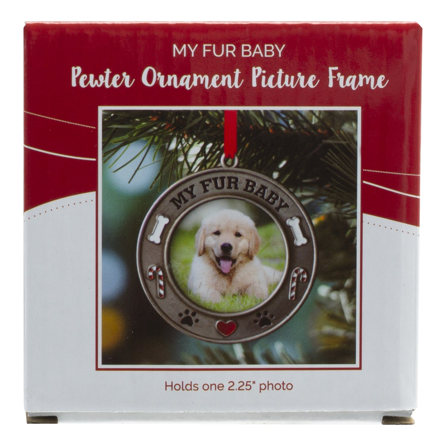 A pewter photo ornament picture frame in full-color retail packaging.