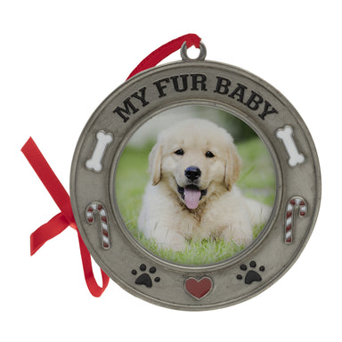 A pewter photo ornament with the text 'MY FUR BABY' featuring a picture of a dog, adorned with colorful enamel dog bones, candy canes, and paw prints. Includes a red ribbon for hanging and a black velvet easel stand on a white background.
