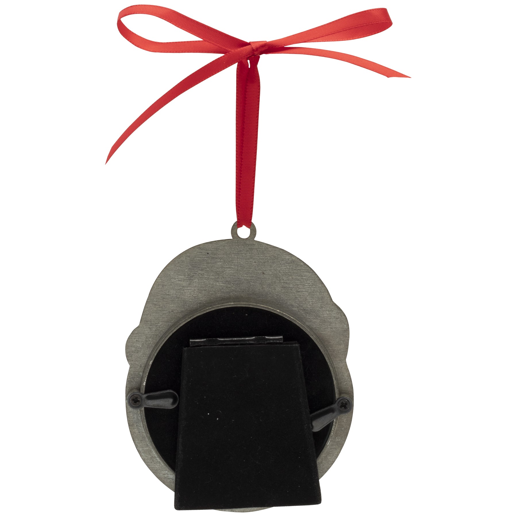 The back side of a pewter photo ornament showcasing the black velvet easel for tabletop display, and the red velvet ribbon to hang on a tree on a white background.