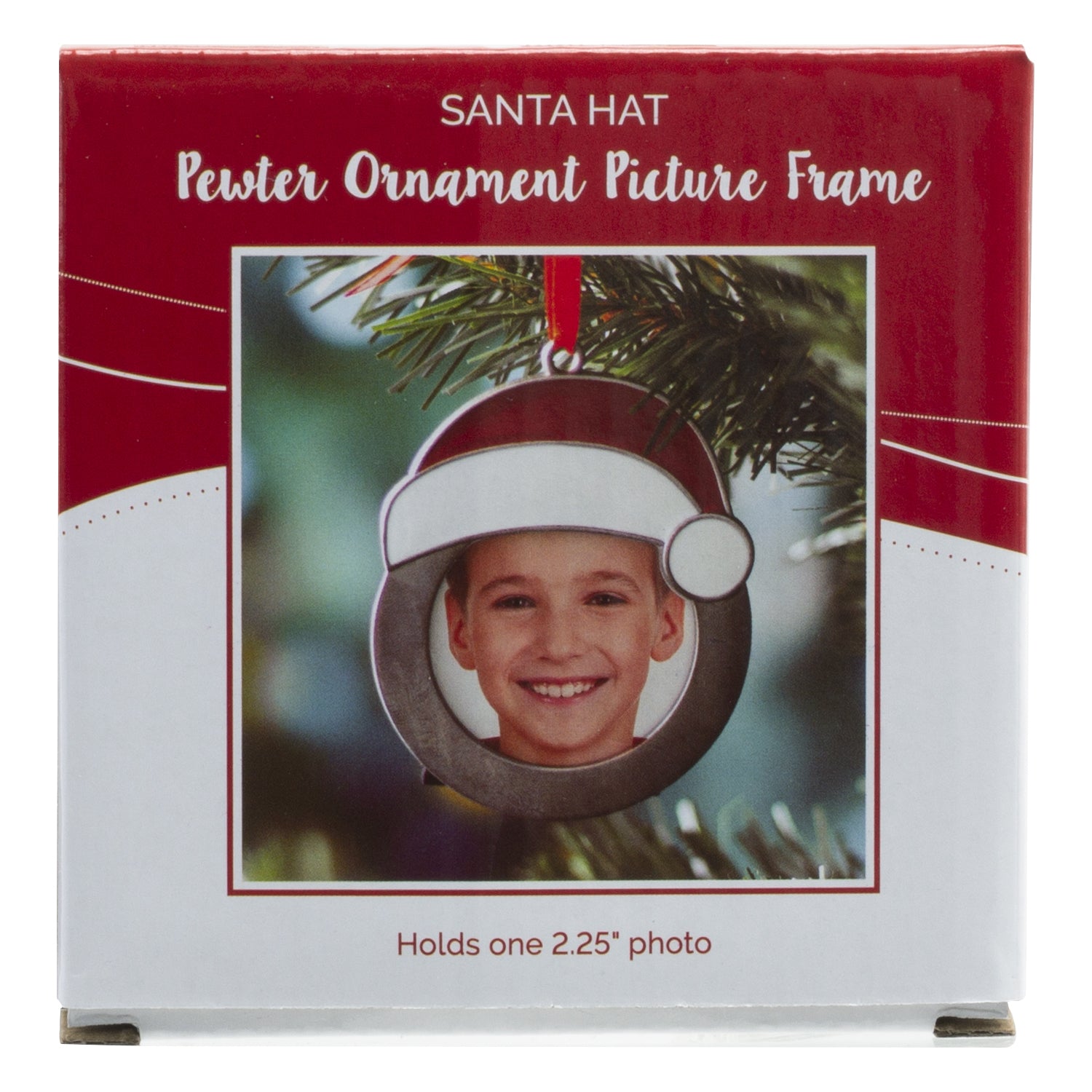 A round pewter photo ornament with a Santa hat, a black velvet easel, and a red velvet ribbon in full-color retail packaging.