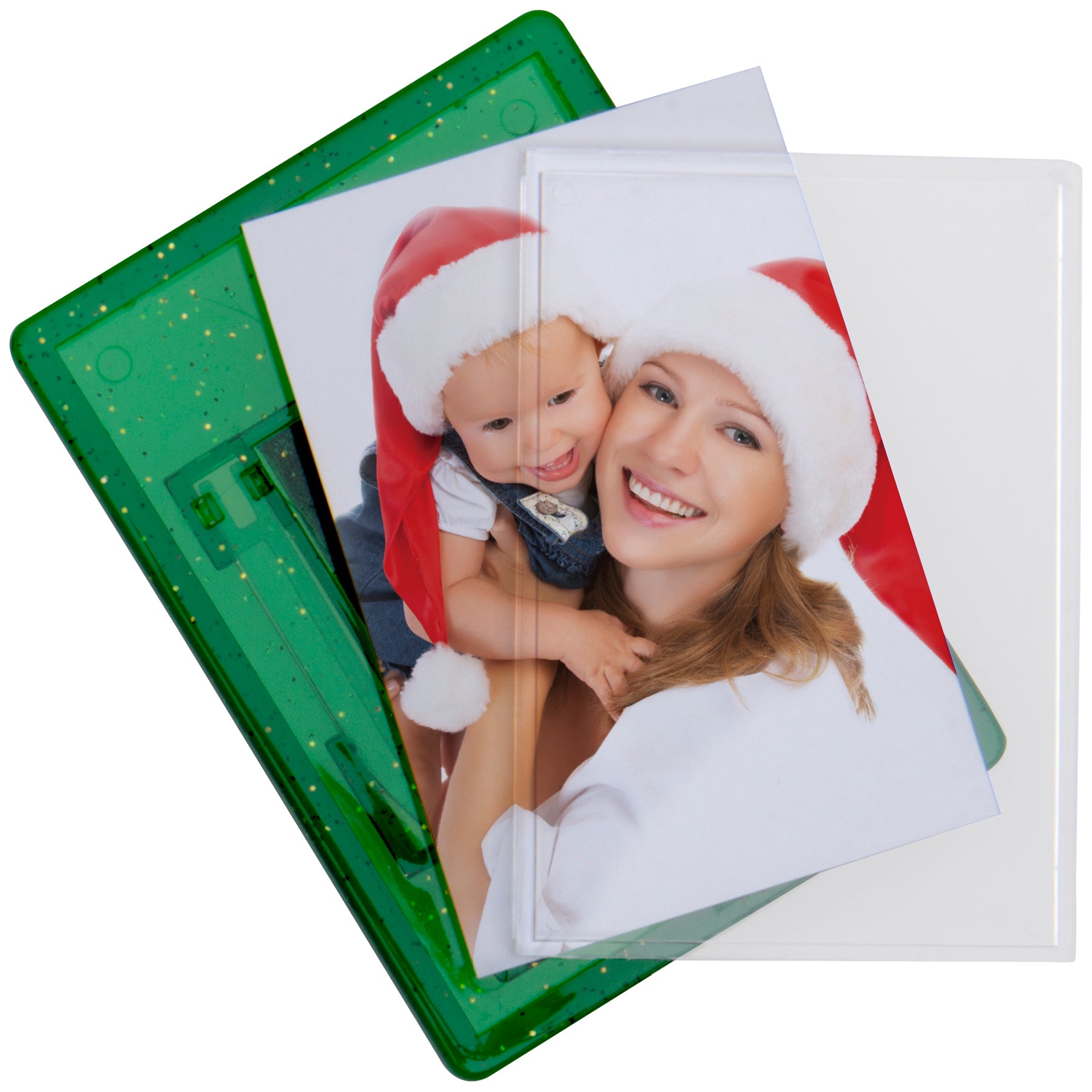 A green snap-in photo magnet shown with the photo being inserted into the magnet displayed on a white background.