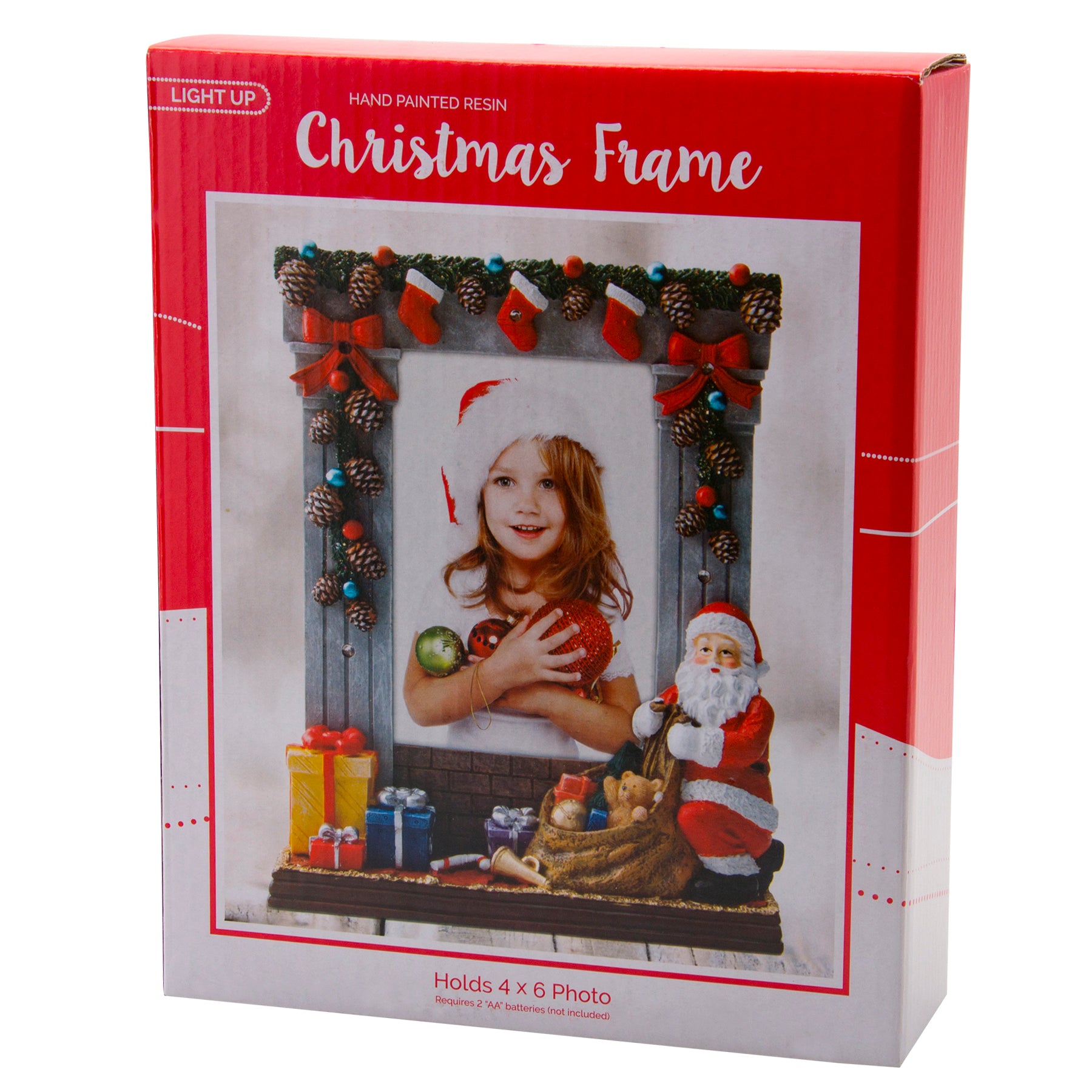 A gray colored light-up resin picture frame with hand painted details featuring garland, stockings, presents, Santa, and more in full-color packaging.