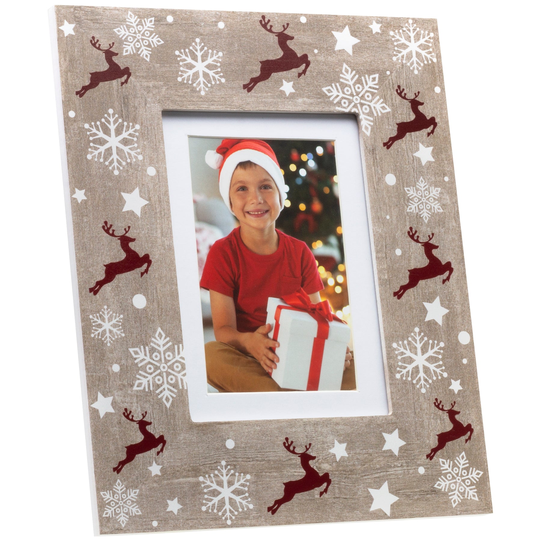 A rustic wooden picture frame with a reindeer and Christmas-themed pattern, displaying a photo of a person wearing a Santa hat on a white background.
