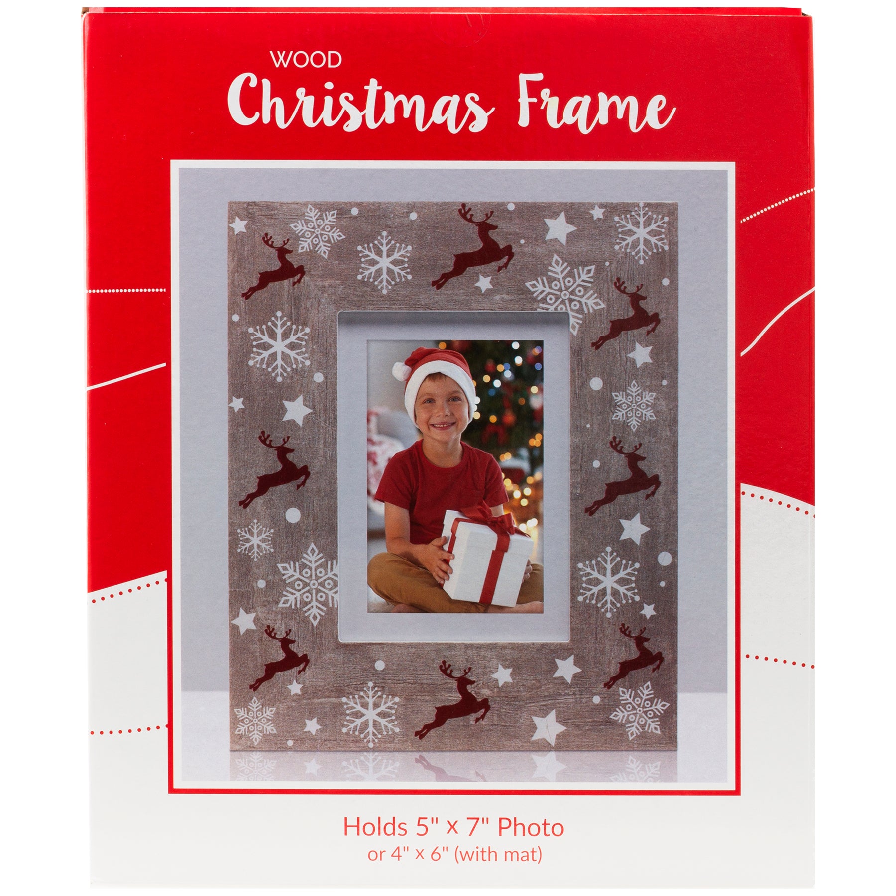 A rustic wooden picture frame with a reindeer and Christmas-themed pattern in full-color packaging.