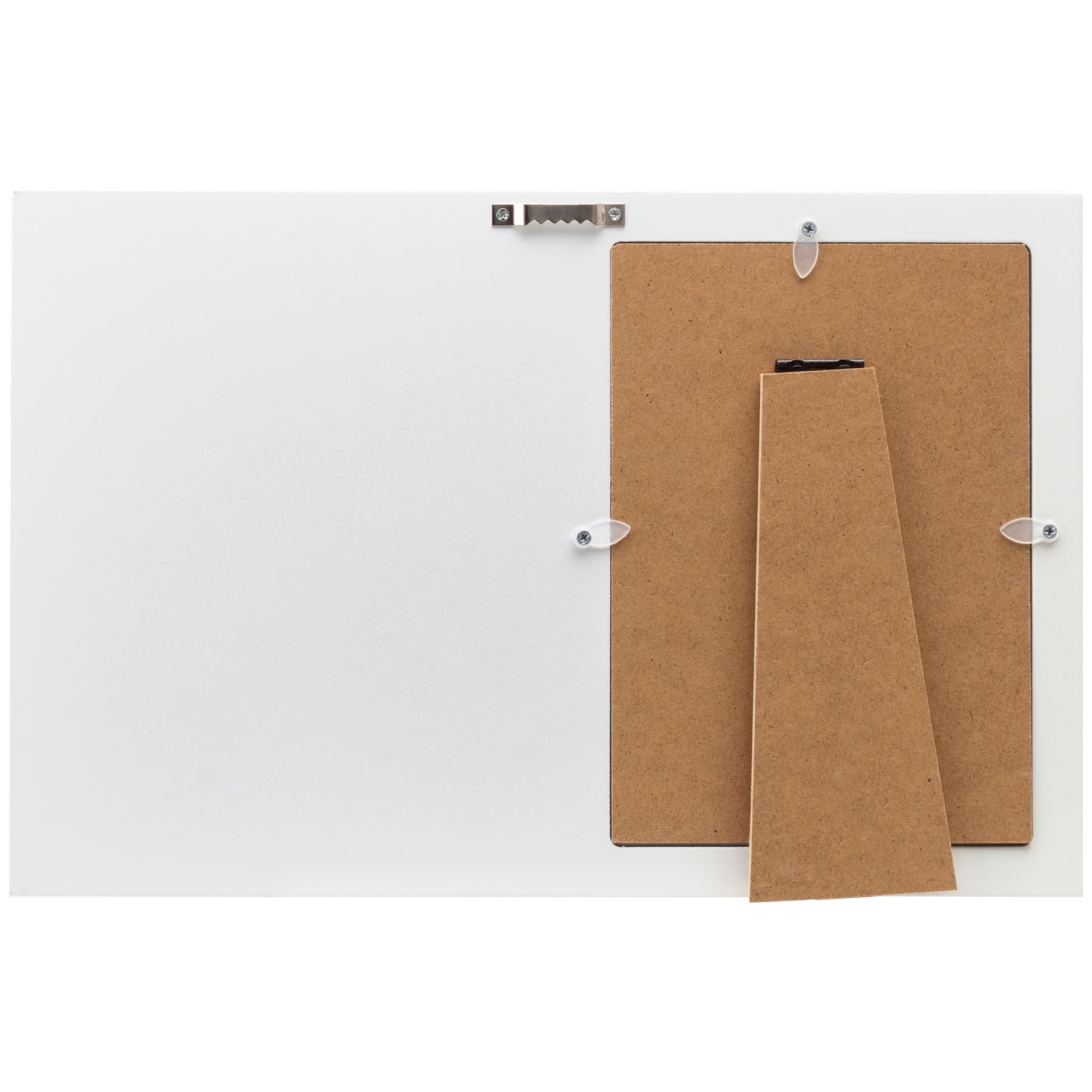 The back side of a wooden picture frame with a rustic design showcasing a easel for tabletop display.