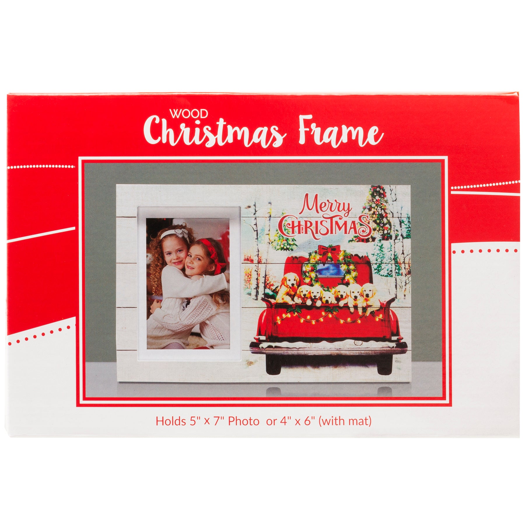 A wooden picture frame with a rustic design, featuring the back of a red truck filled with gold retriever puppies, surrounded by a Christmas-themed scene with trees and decorations in full-color packaging.