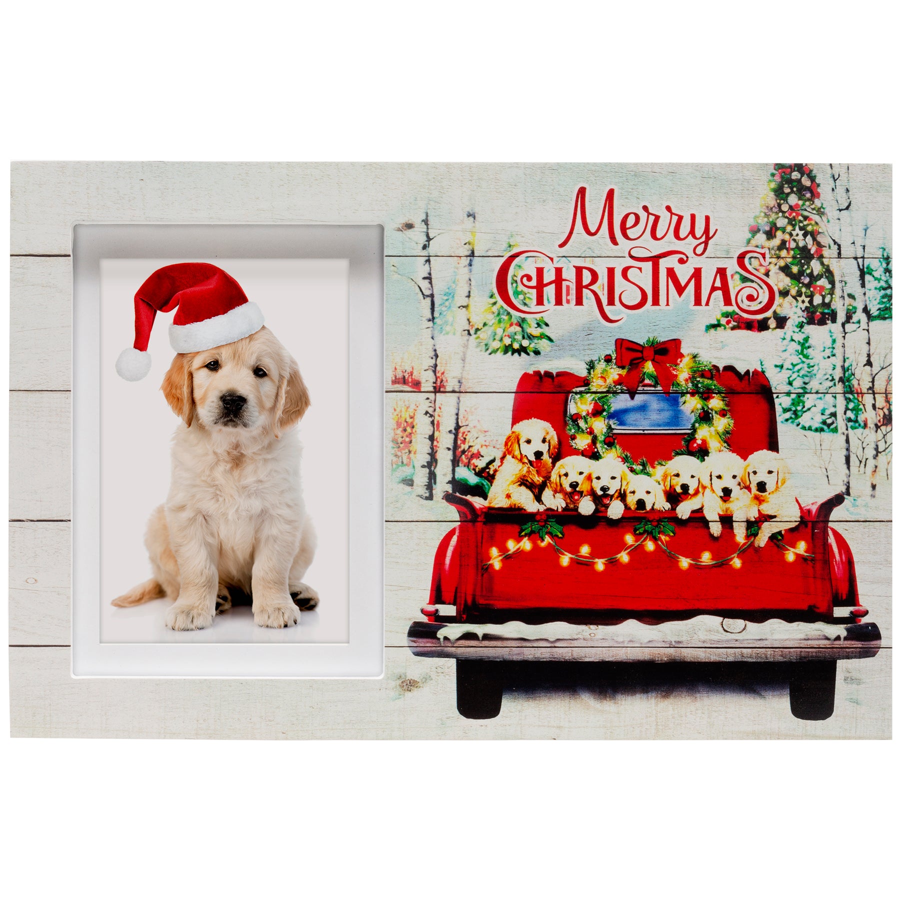 A wooden picture frame with a rustic design, featuring the back of a red truck filled with golden retriever puppies, surrounded by a Christmas-themed scene with trees and decorations on a white background.