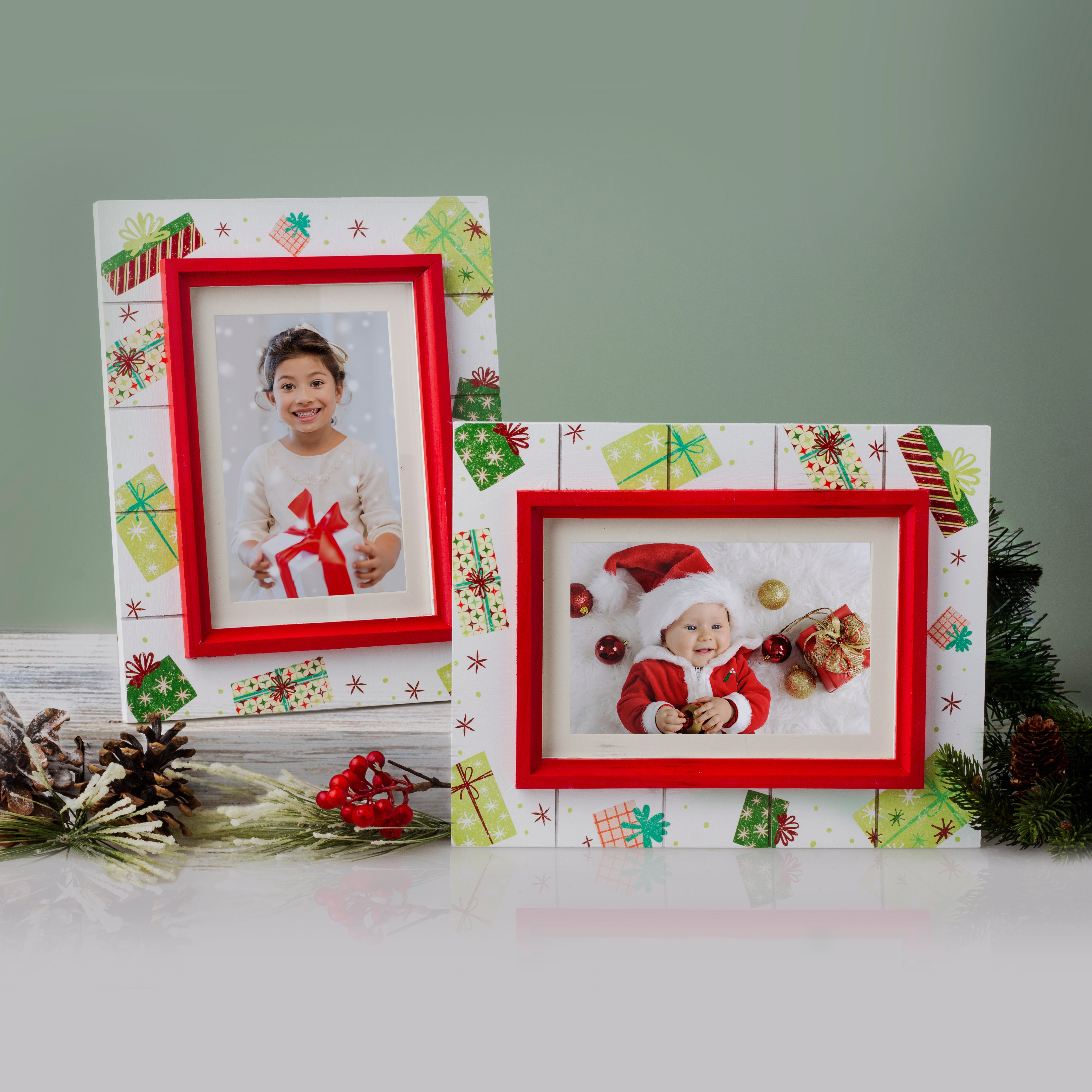 A wooden picture frame with a shiplap design and a rustic worn finish, featuring white as the base color with red trim, decorated with painted Christmas presents and gifts showcasing vertical and horizontal orientations on a festive lifestyle background.