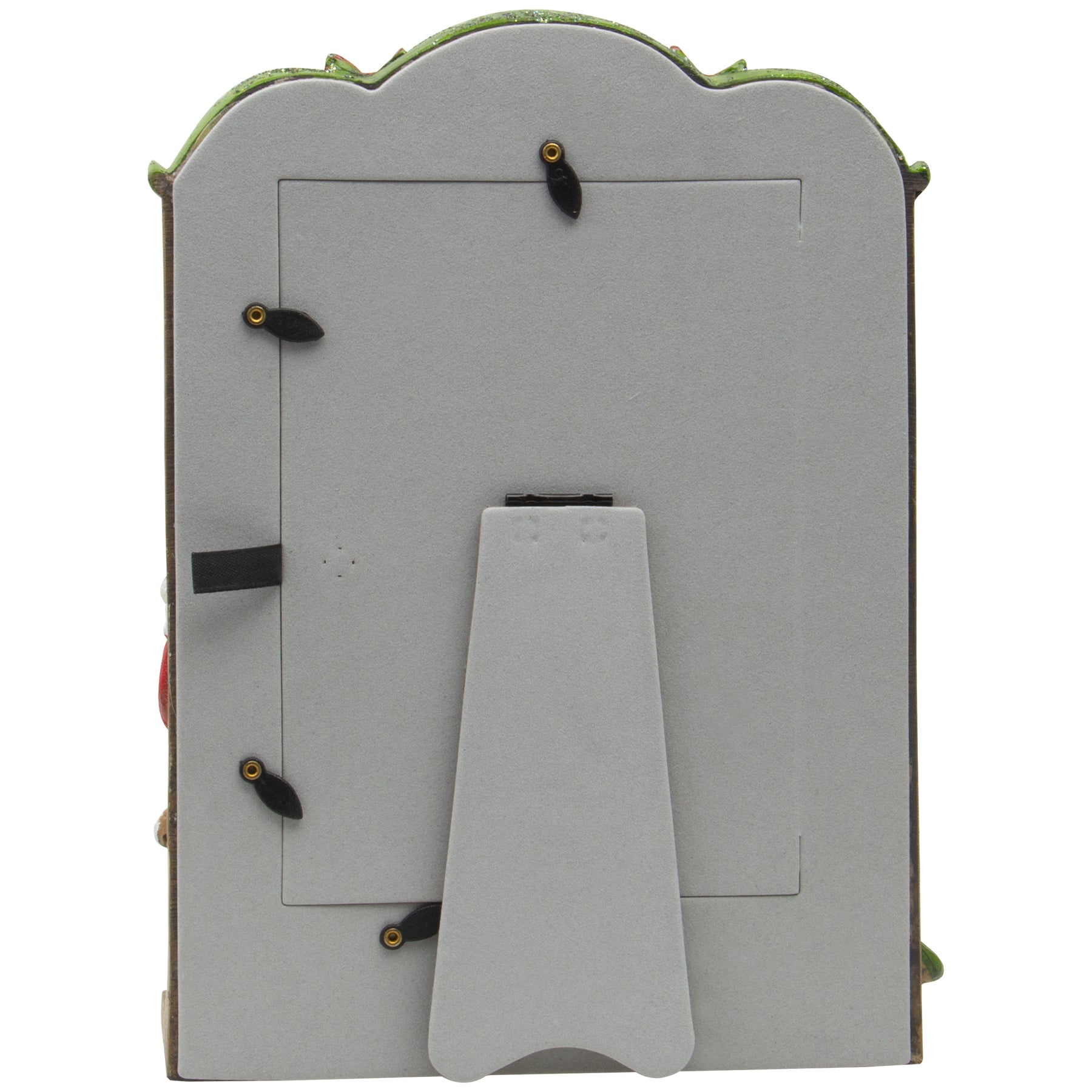 The back side of a resin picture frame showcasing an easel for tabletop display.