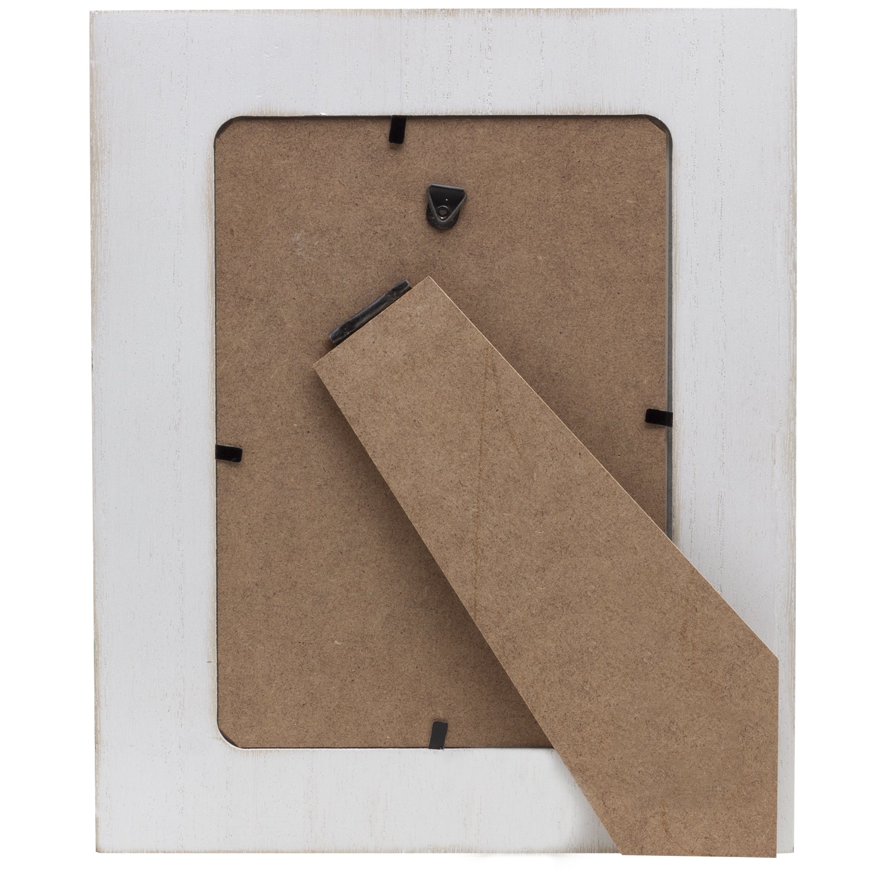 The back side of a white wood picture frame showcasing an easel for tabletop display, as well as a triangle hook to hang on the wall.