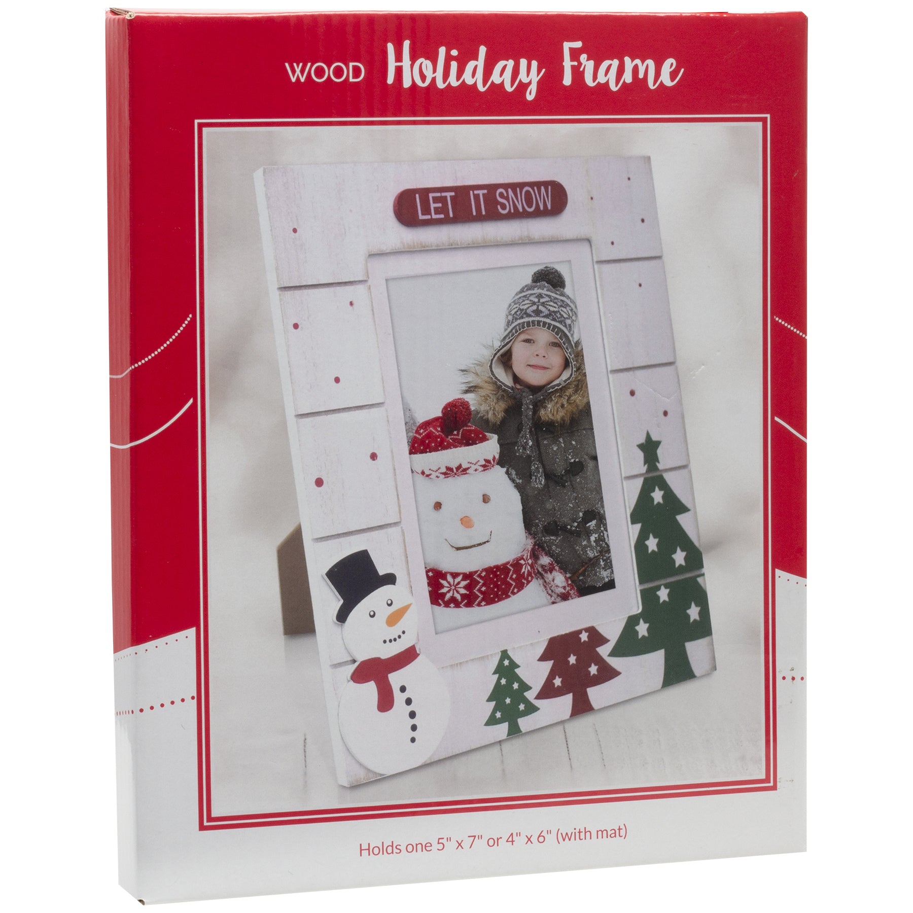 A white, wooden picture frame with a 'LET IT SNOW' sign at the top, and designs featuring Christmas trees, and and a snowman in full-color retail packaging on a white background.