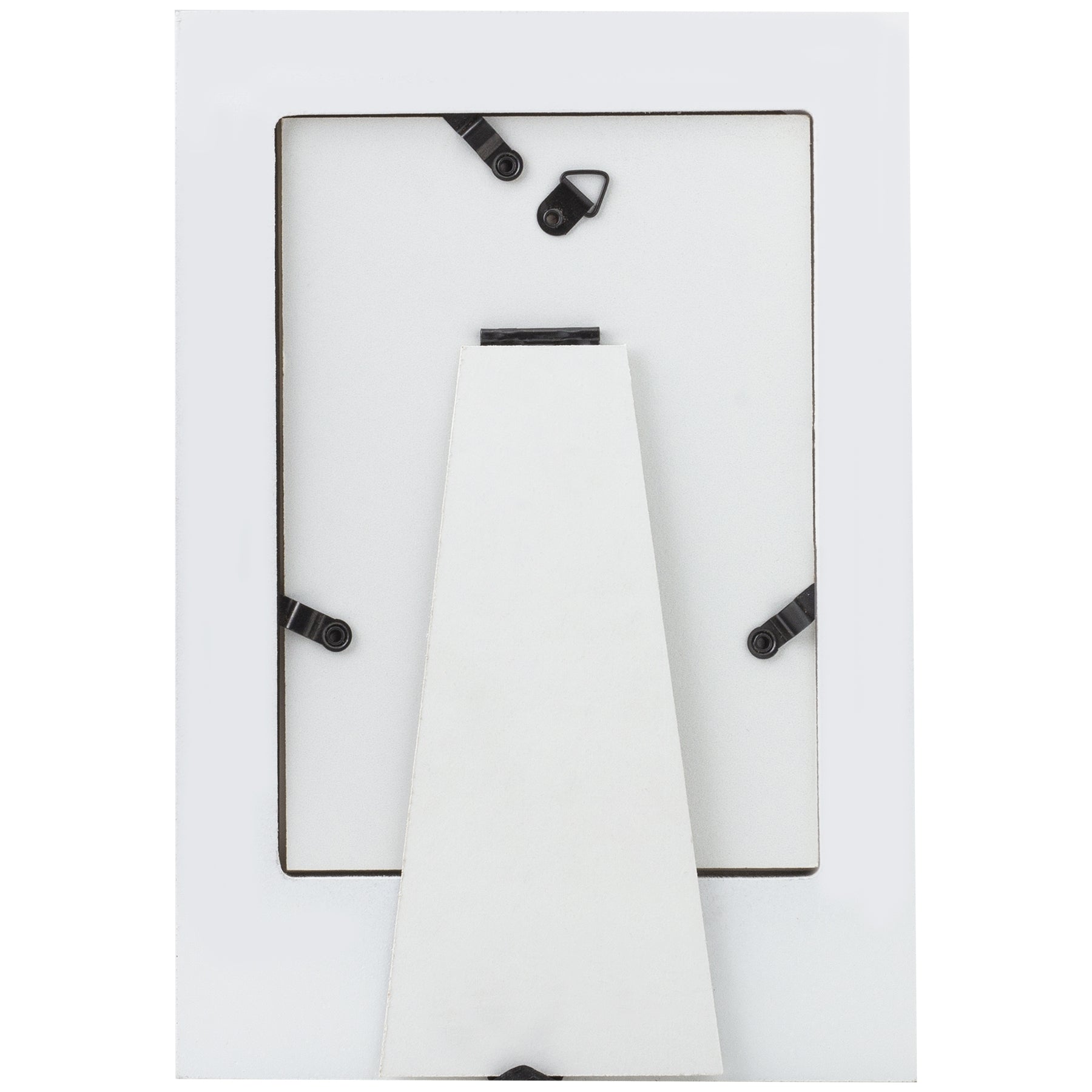 The back side of a white wood frame showcasing an easel for tabletop display as well as a triangle hook to hang on the wall.