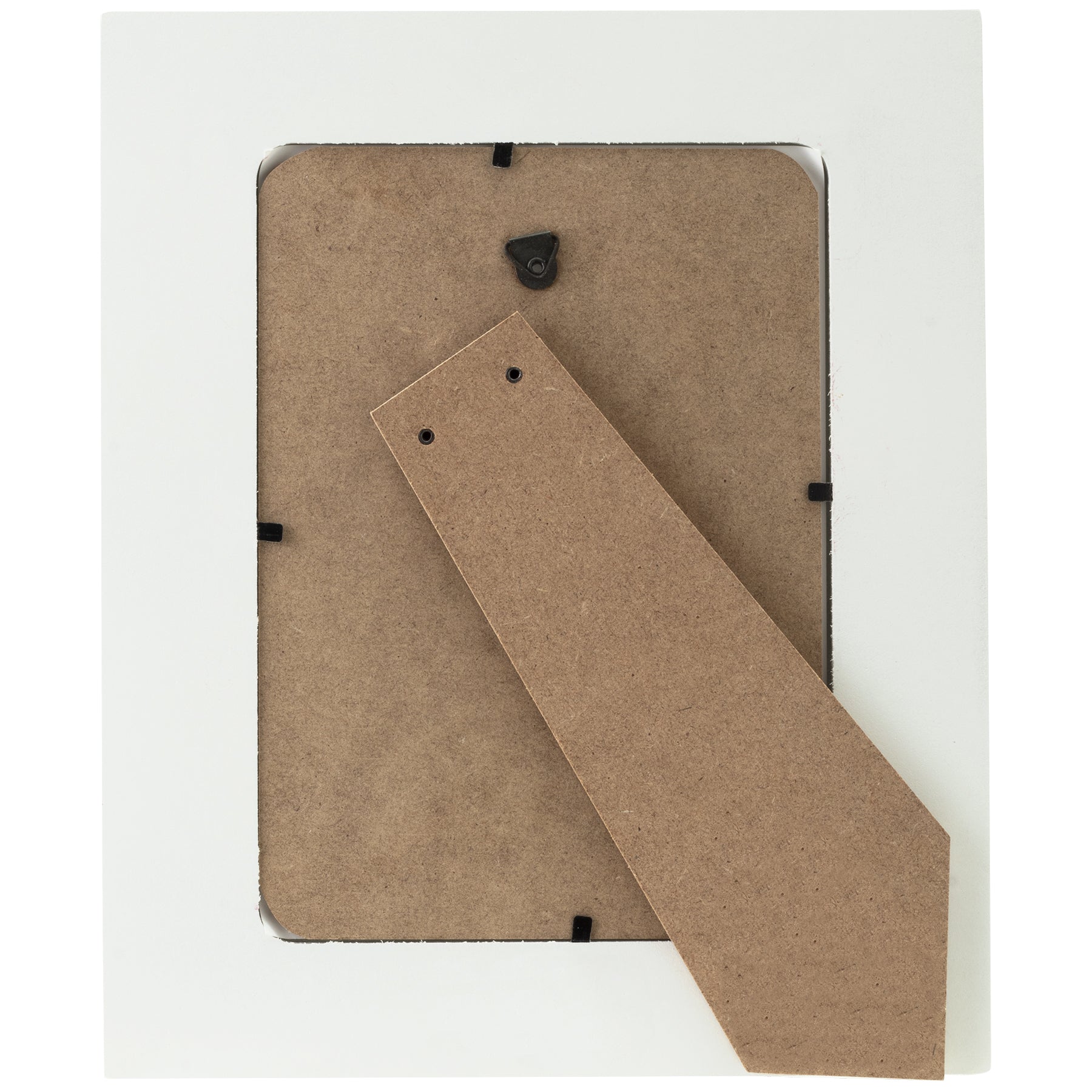 The back side of a wooden picture frame showcasing an easel for tabletop display as well as a triangle hook to hang on the wall.