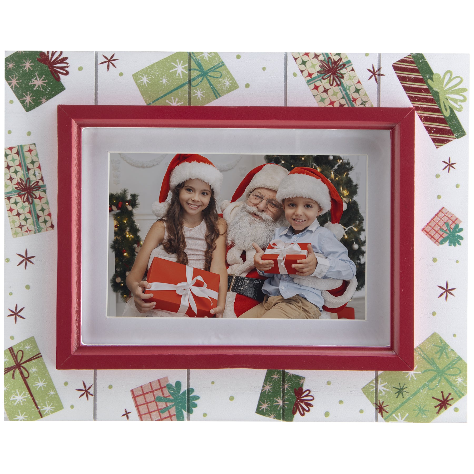 A wooden picture frame with a shiplap design and a rustic worn finish, featuring white as the base color with red trim, decorated with painted Christmas presents and gifts showcasing the horizontal orientation on a white background.
