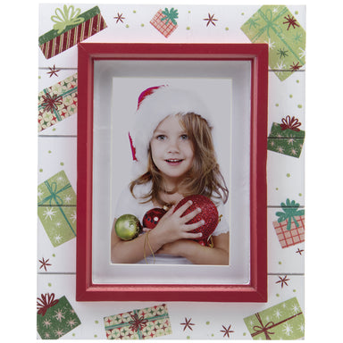 A wooden picture frame with a shiplap design and a rustic worn finish, featuring white as the base color with red trim, decorated with painted Christmas presents and gifts on a white background.