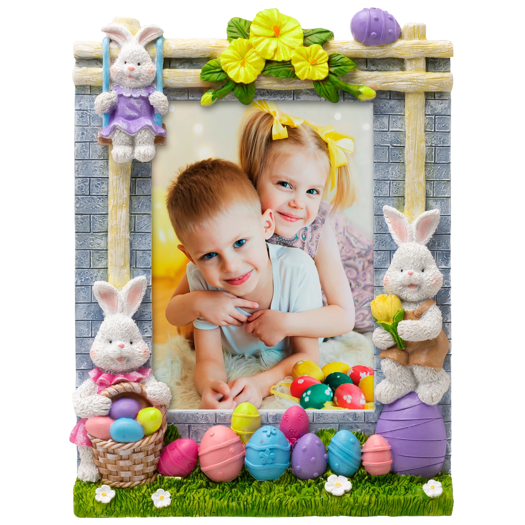 Marco de imagen de resina de huevo de Pascua y conejito de 5" x 7"