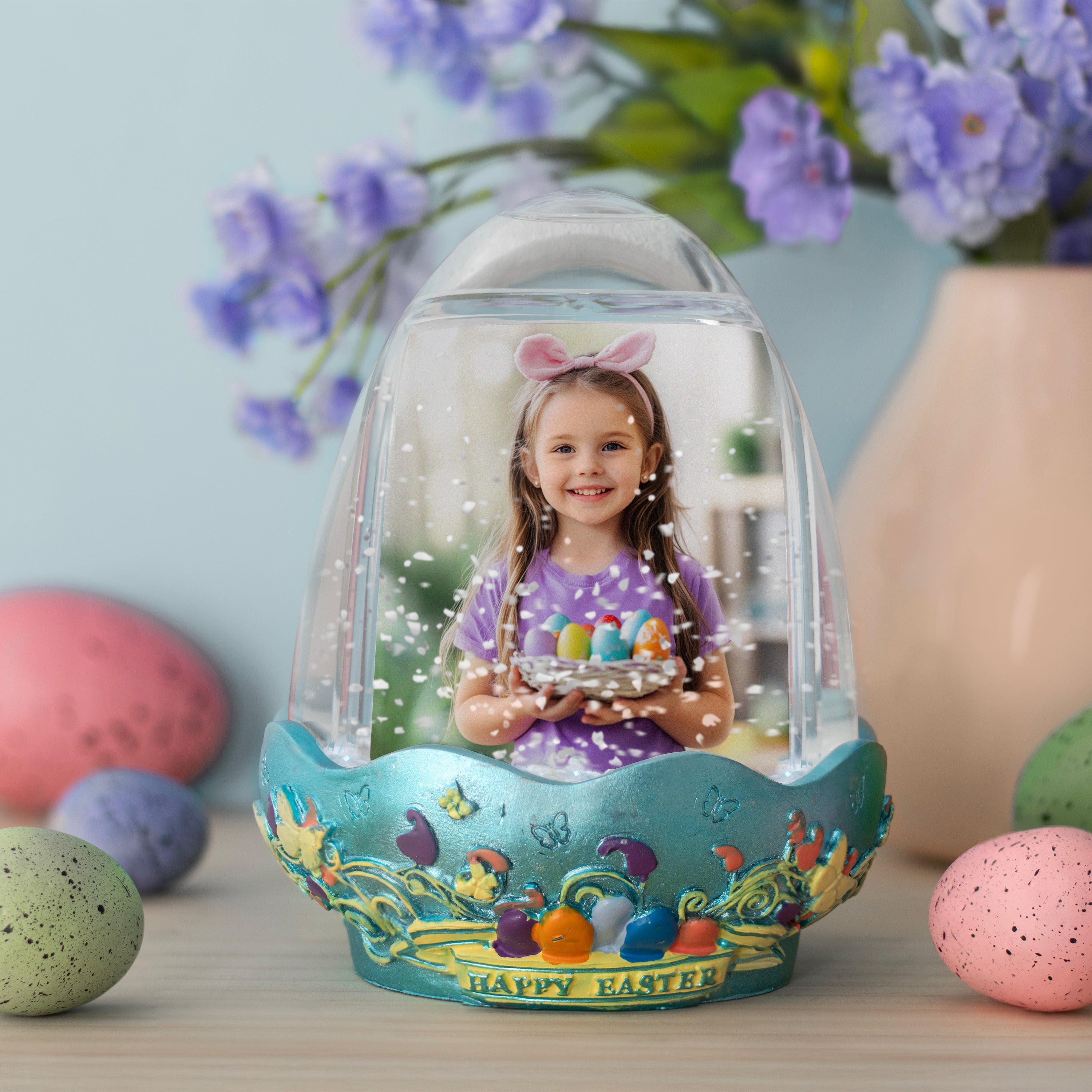 Globo de nieve con foto de resina de huevo de Pascua con base azul