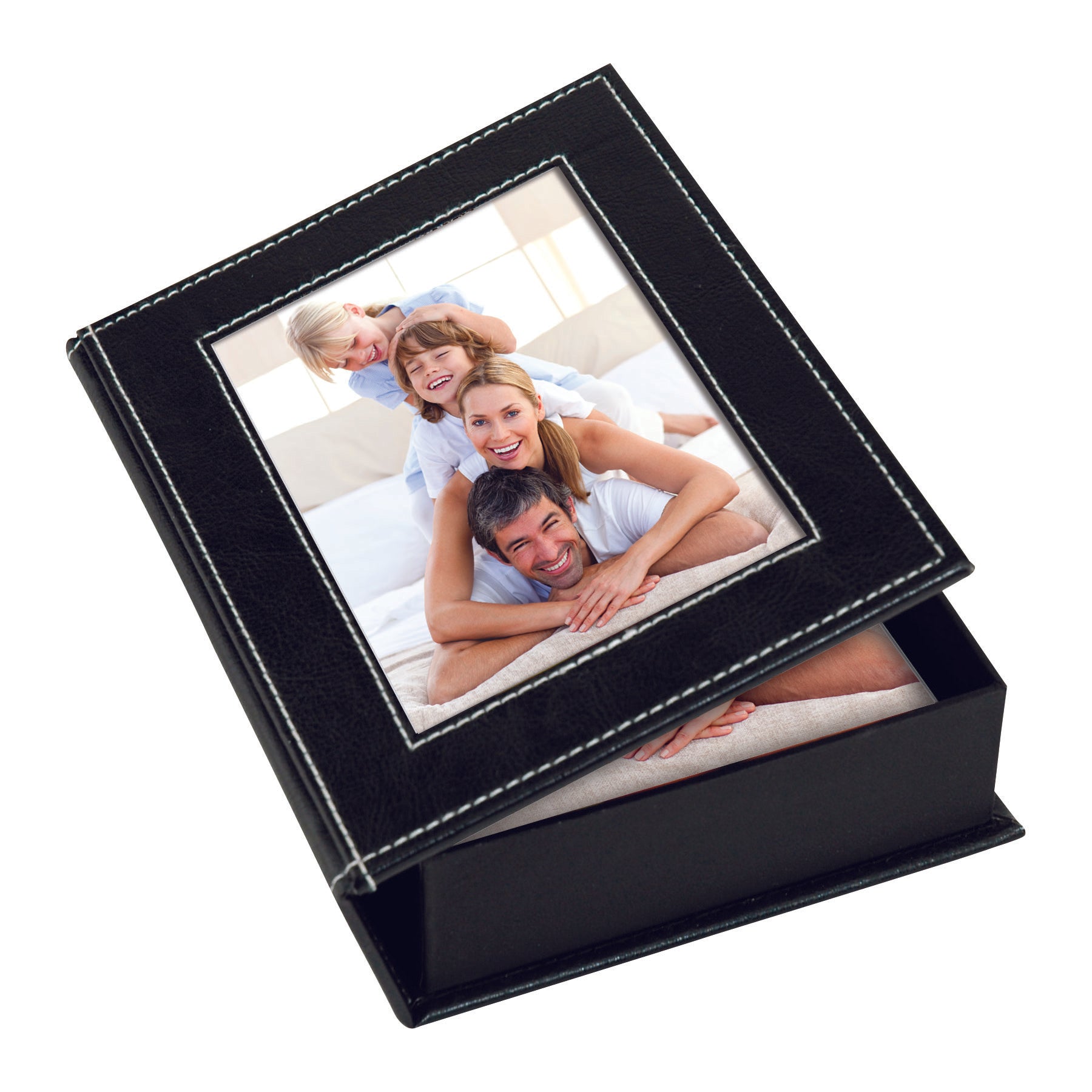 Caja de fotos con memoria de cuero sintético negro con puntadas blancas