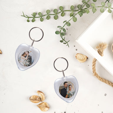 DIY Heart plastic heart photo keychain for wedding and special event giveaways.