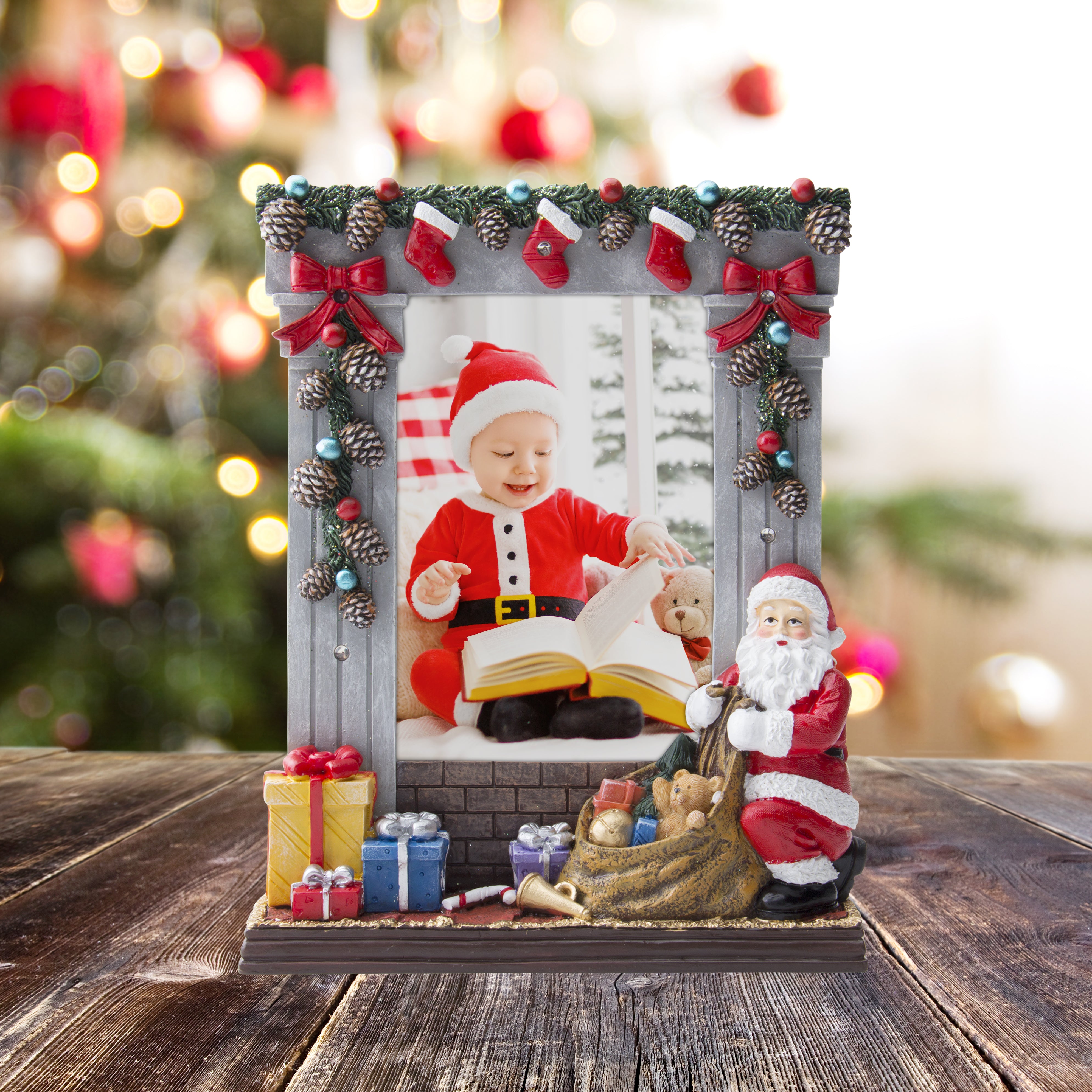 Marco de fotos de resina de Papá Noel navideño iluminado de 4" x 6"